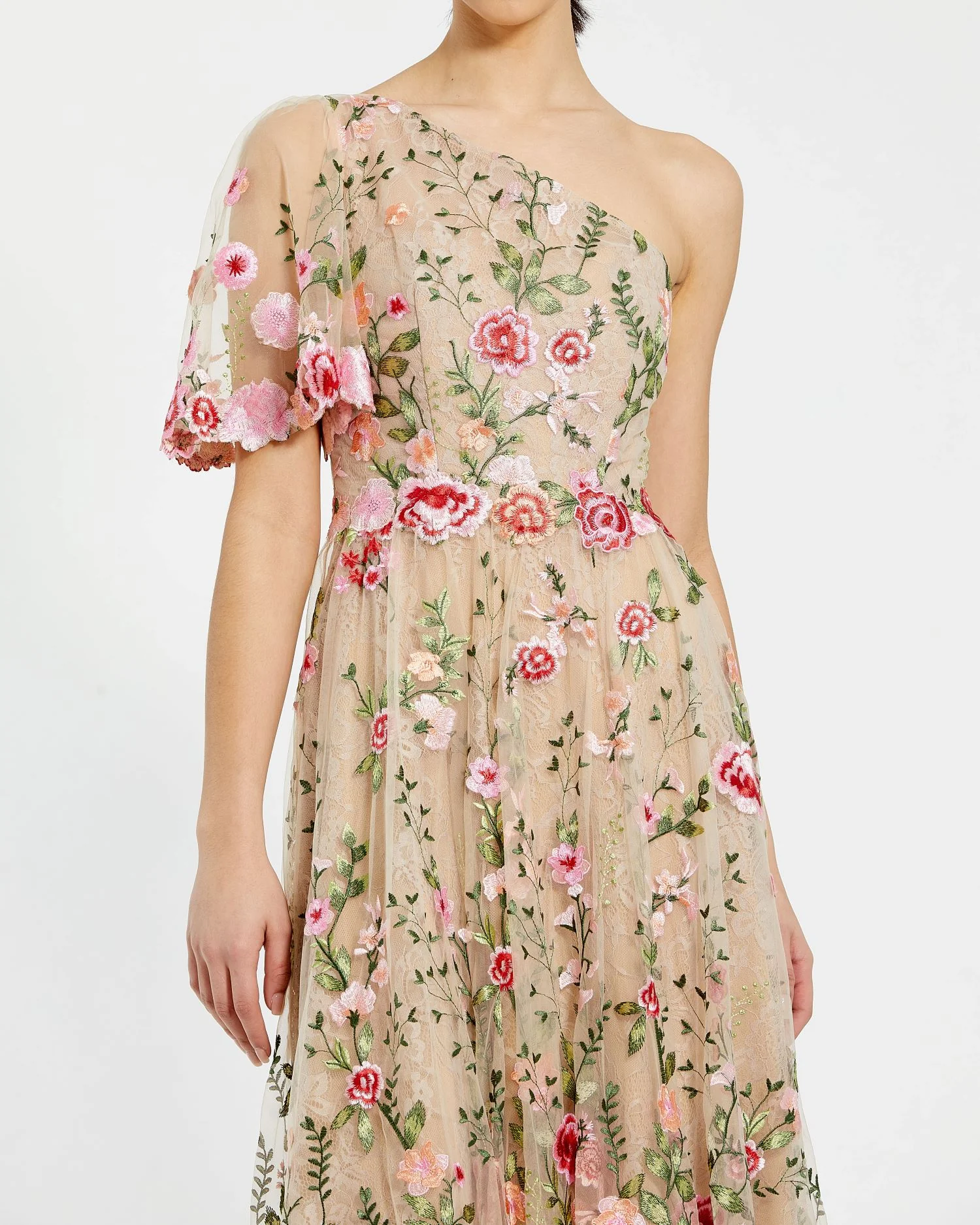 Pink One Shoulder Lace Embroidered Dress