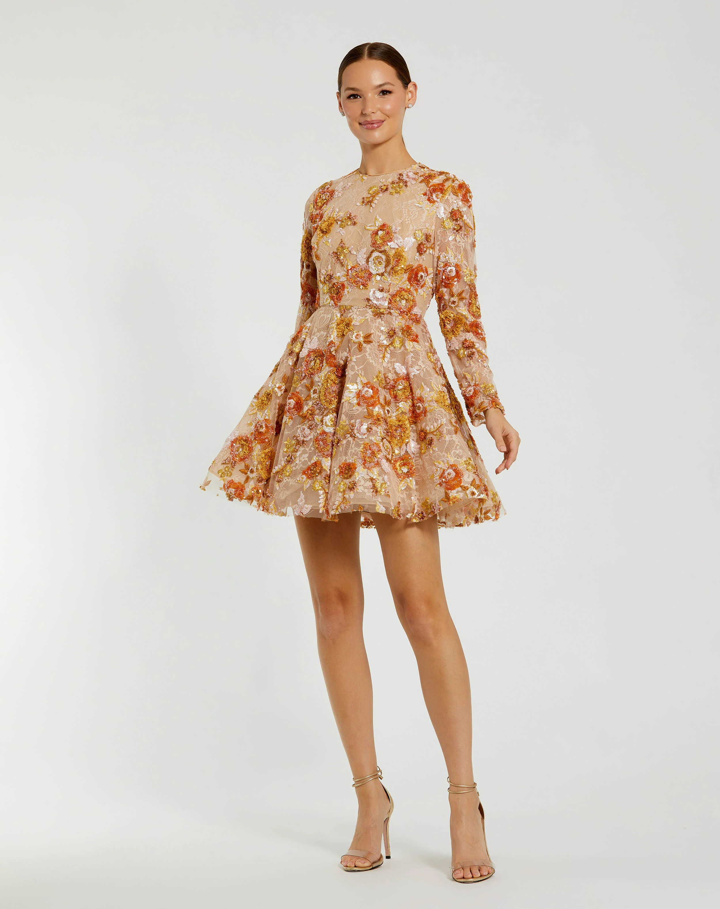 High Neck Long Sleeve Sequin A Line Mini Dress