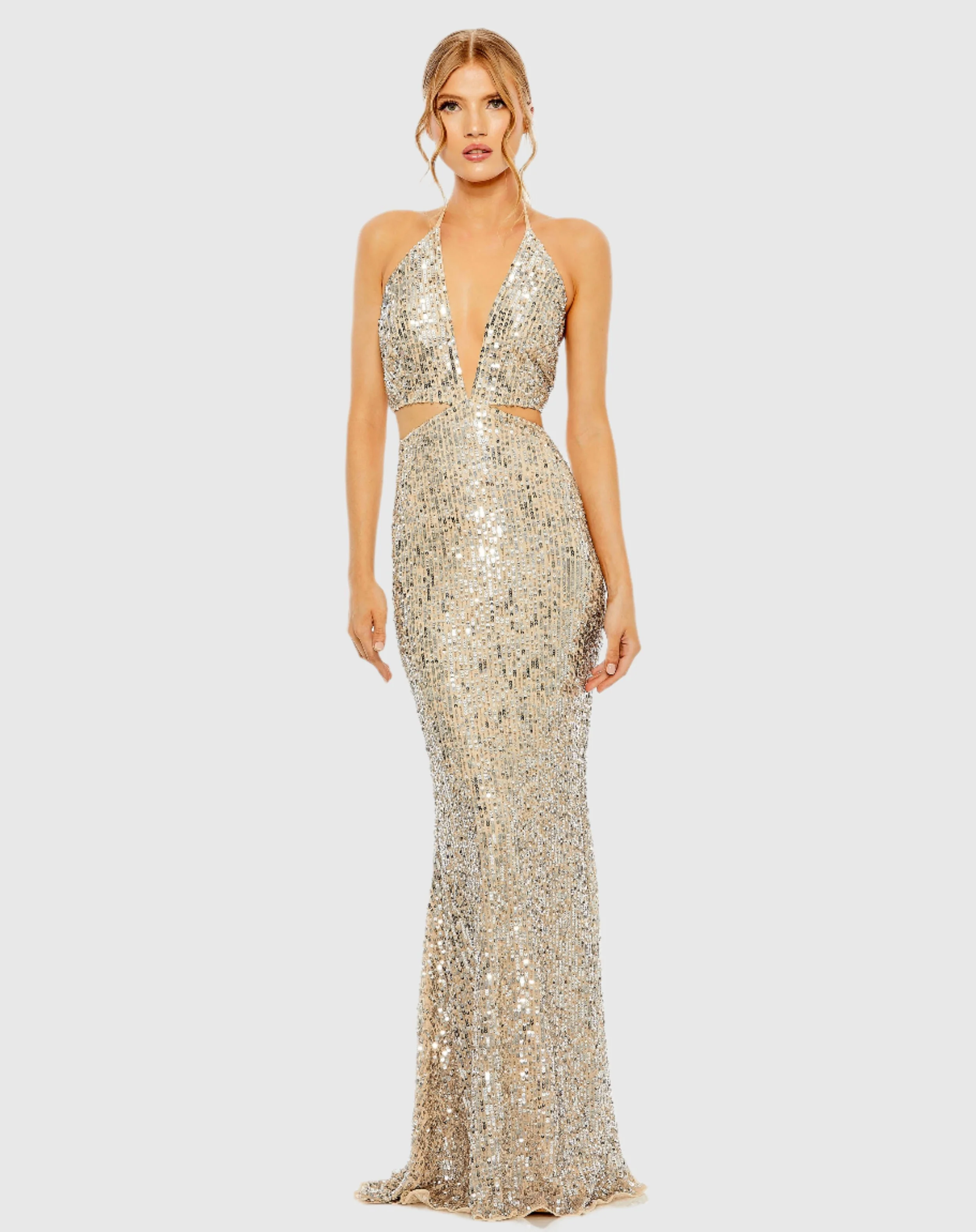 Silver Cut Out Halter Tie Back Sequin Gown