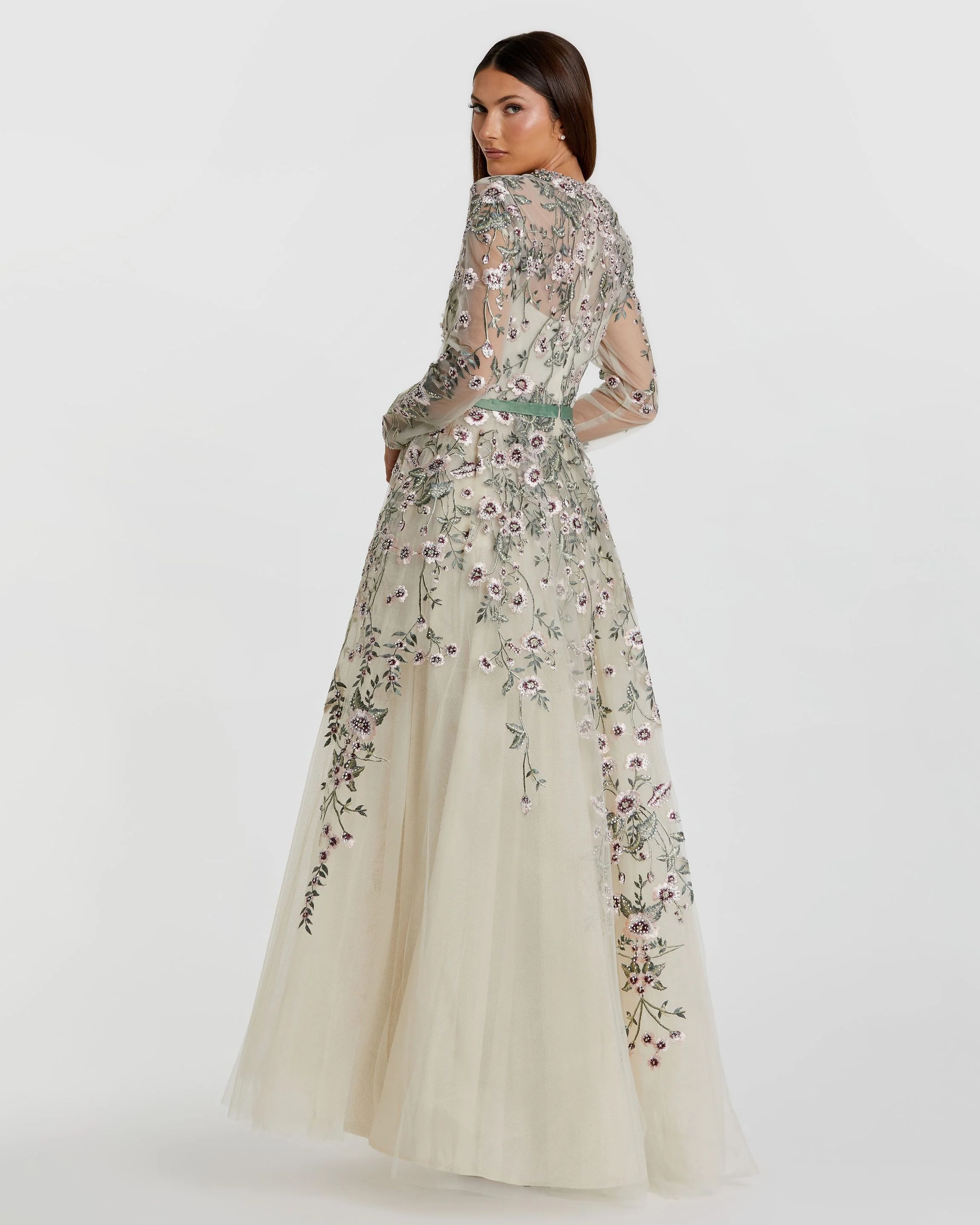 Long Sleeve Floral Embellished Gown
