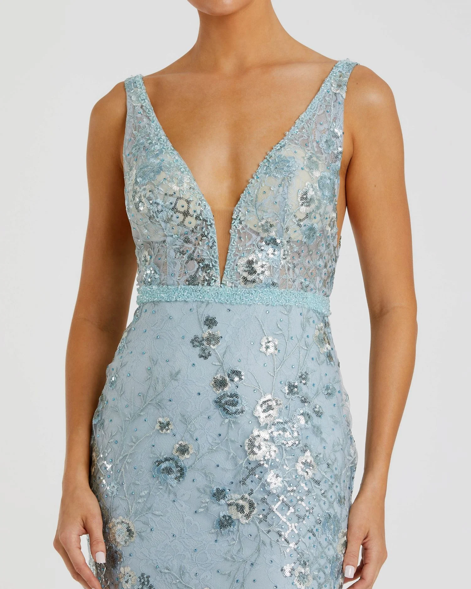 Blue Embellished Sleeveless Plunge Neck Gown