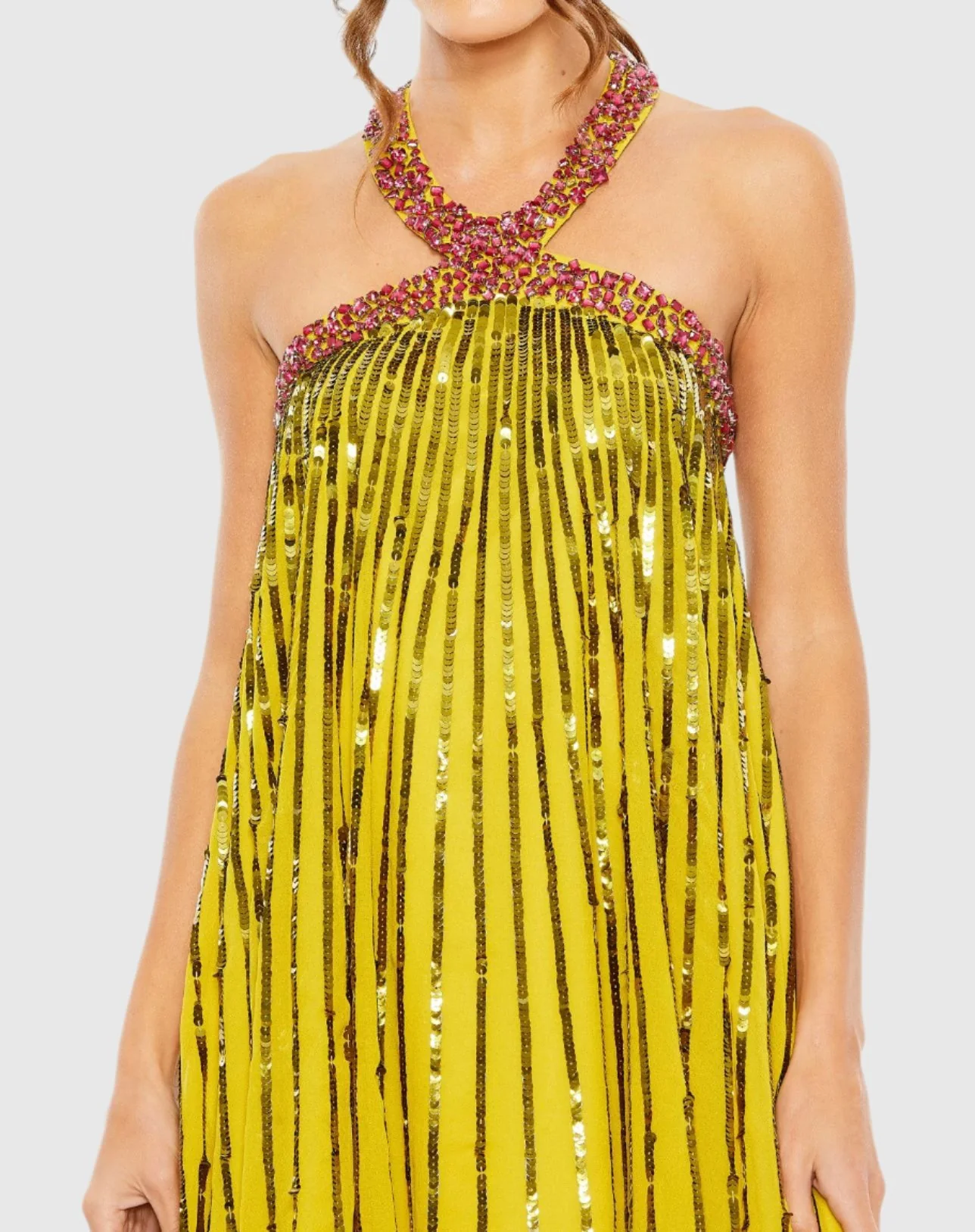 Yellow High Neck Open Back Embellished Trapeze Dress