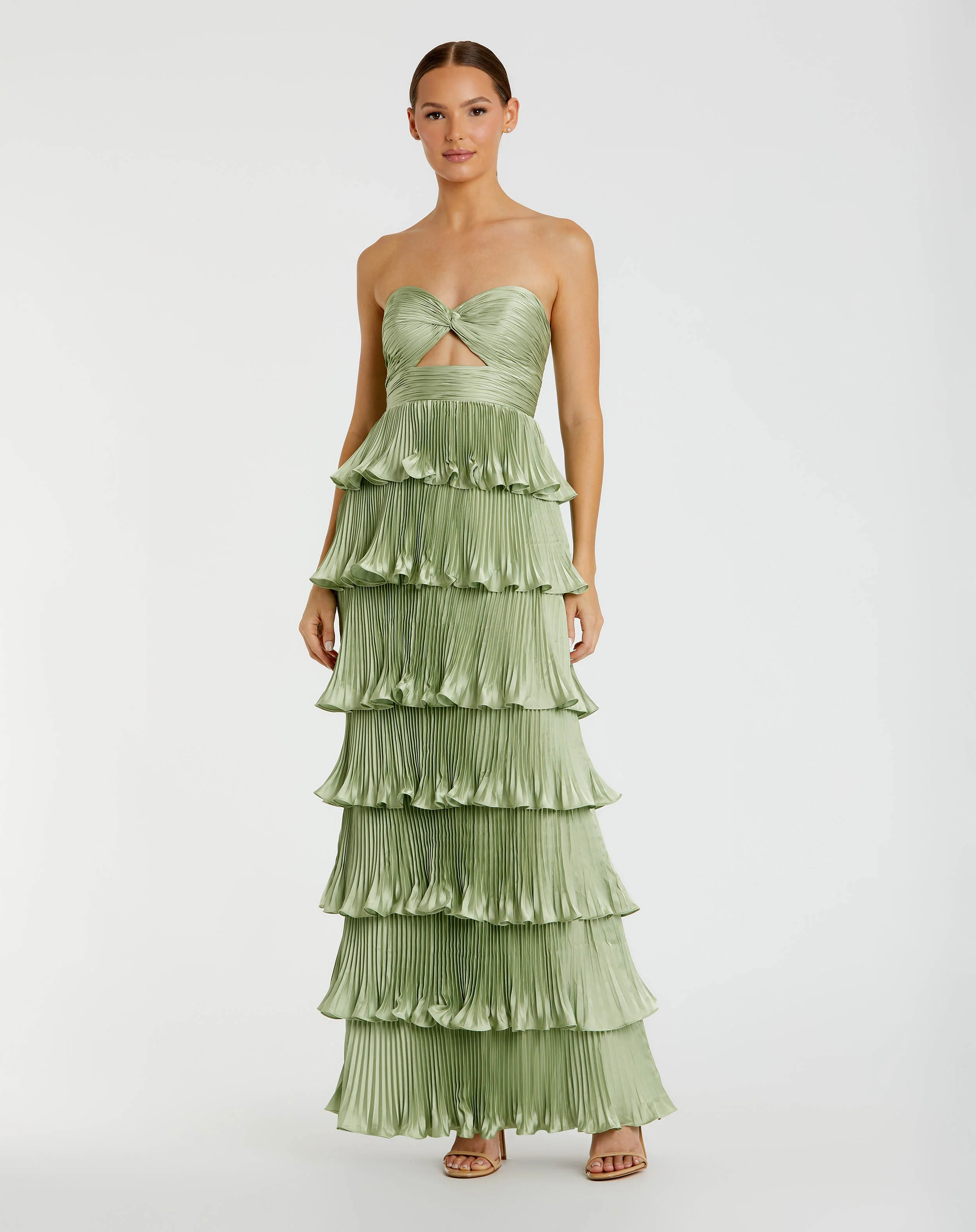 Green Pleated Charmeuse Strapless Tiered Ruffle Gown
