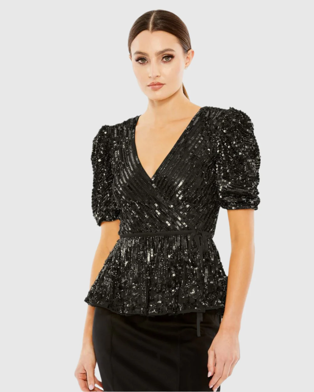 Sequined Puff Sleeve Faux Wrap Top
