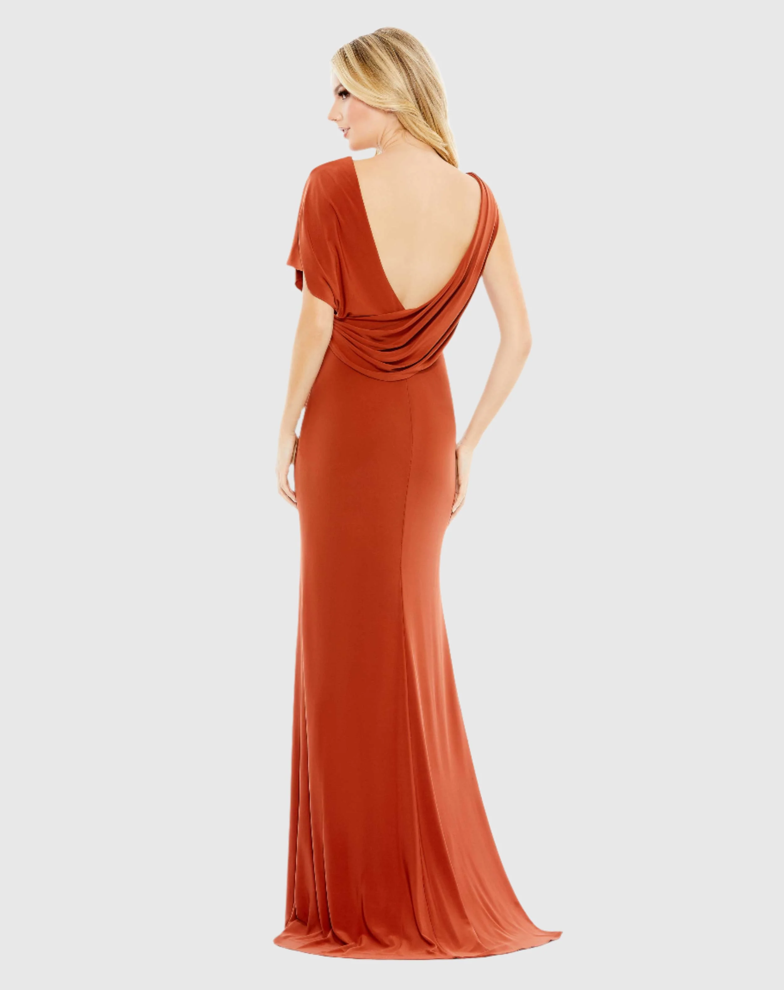 One Shoulder Sleeve Scoop Back Jersey Gown
