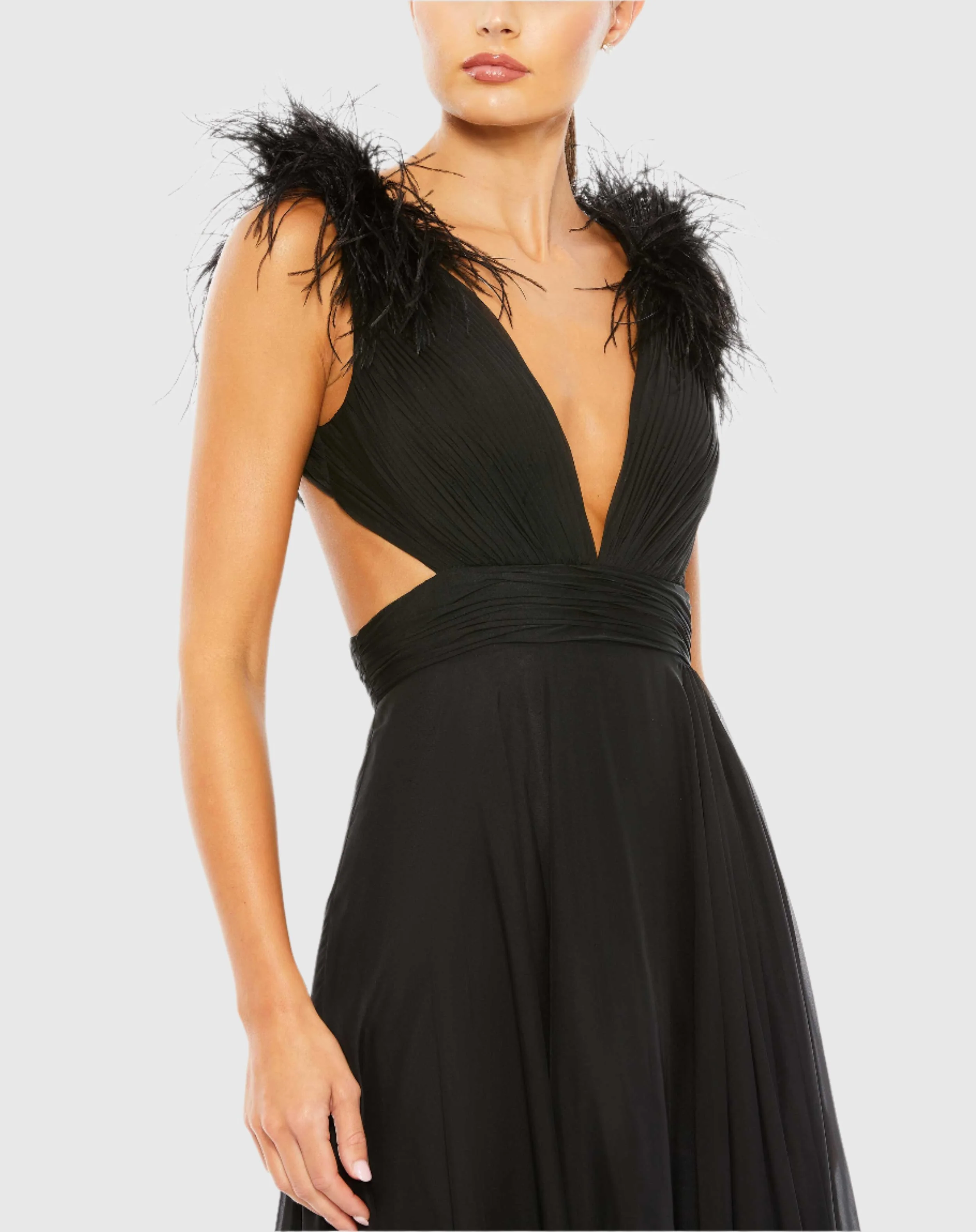 Black Plunge Ostrich Feather A Line Gown