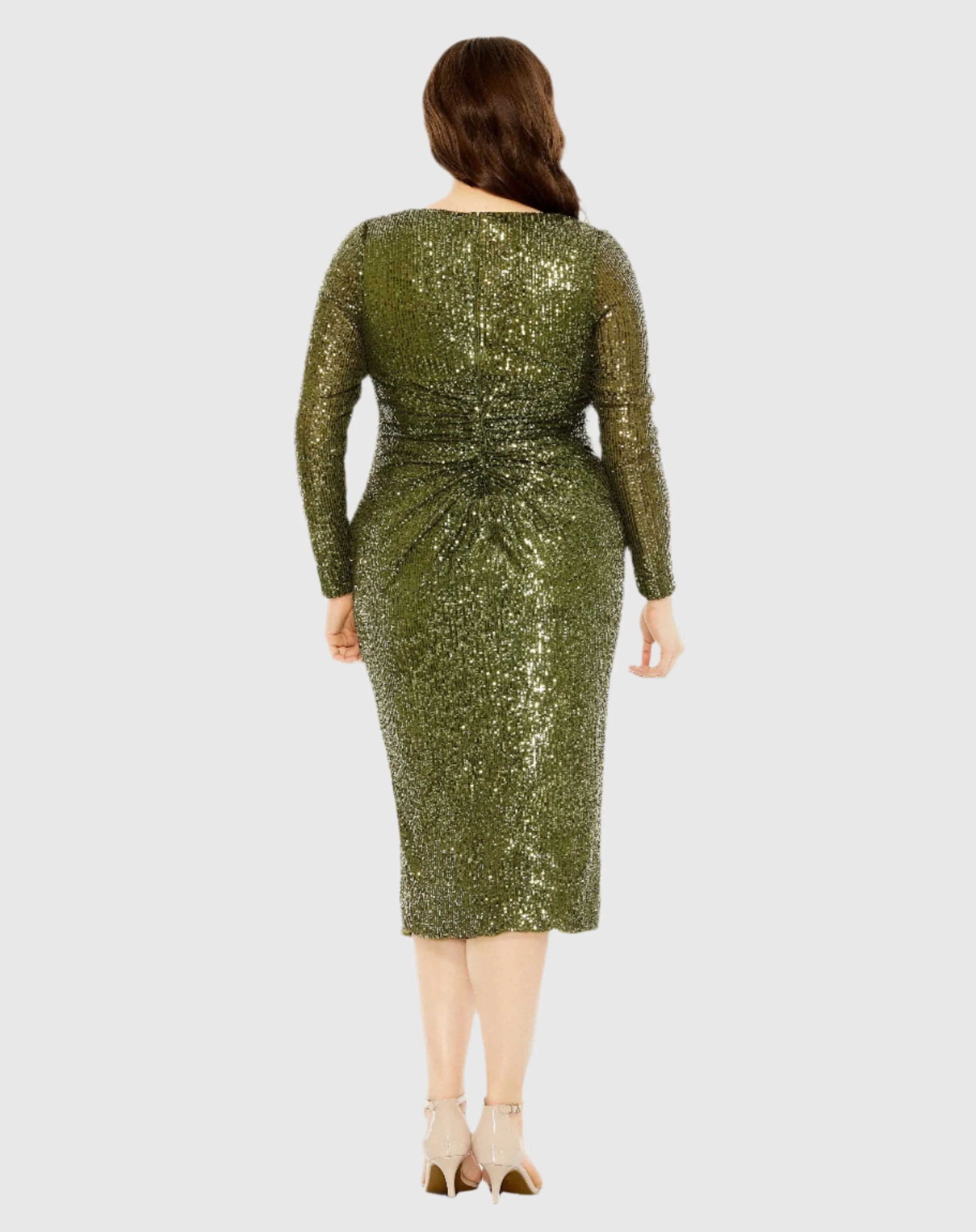 Green Long Sleeve Sequin Gathered Waist Dress