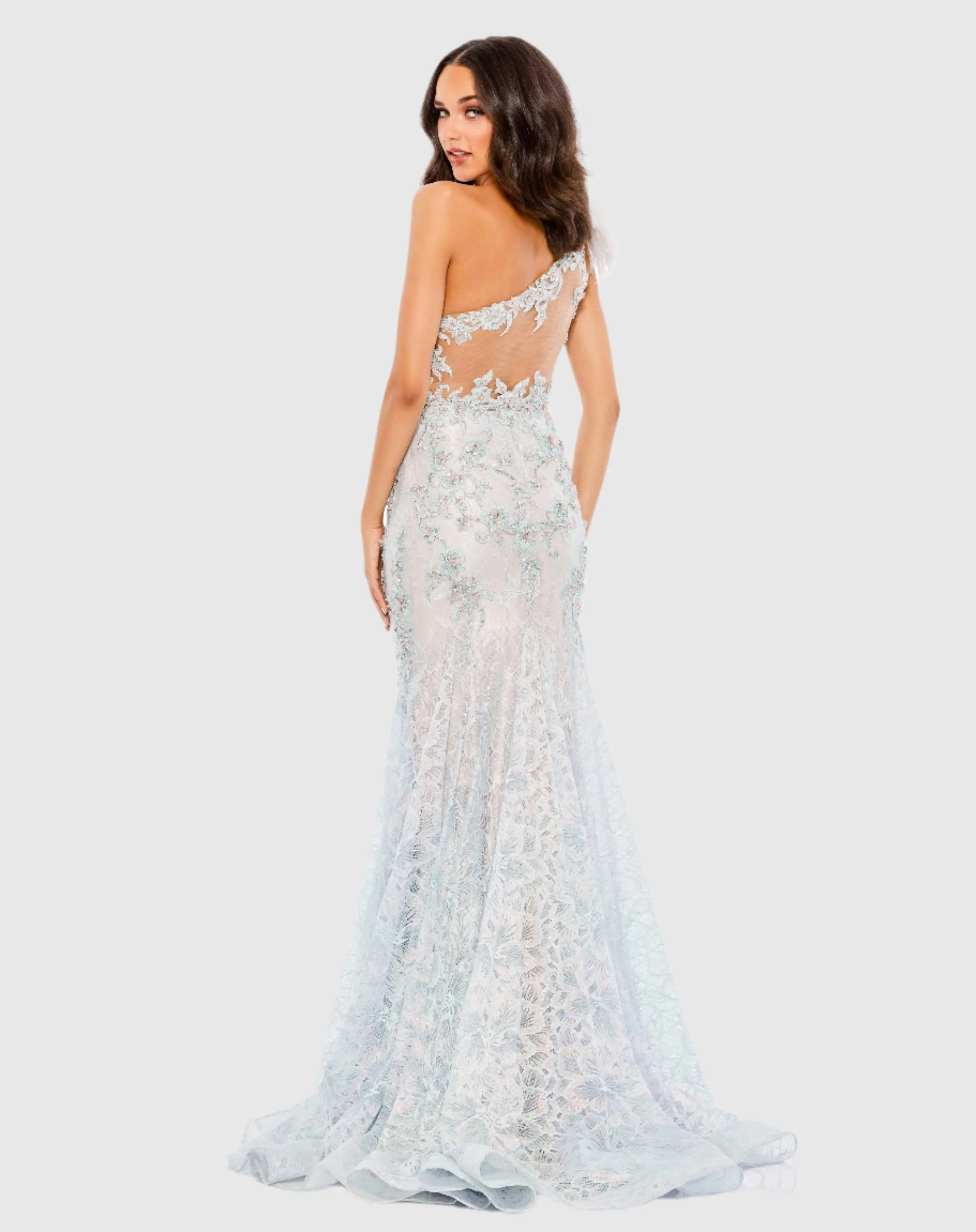 Blue Embroidered Applique Feathered One Shoulder Trumpet Gown