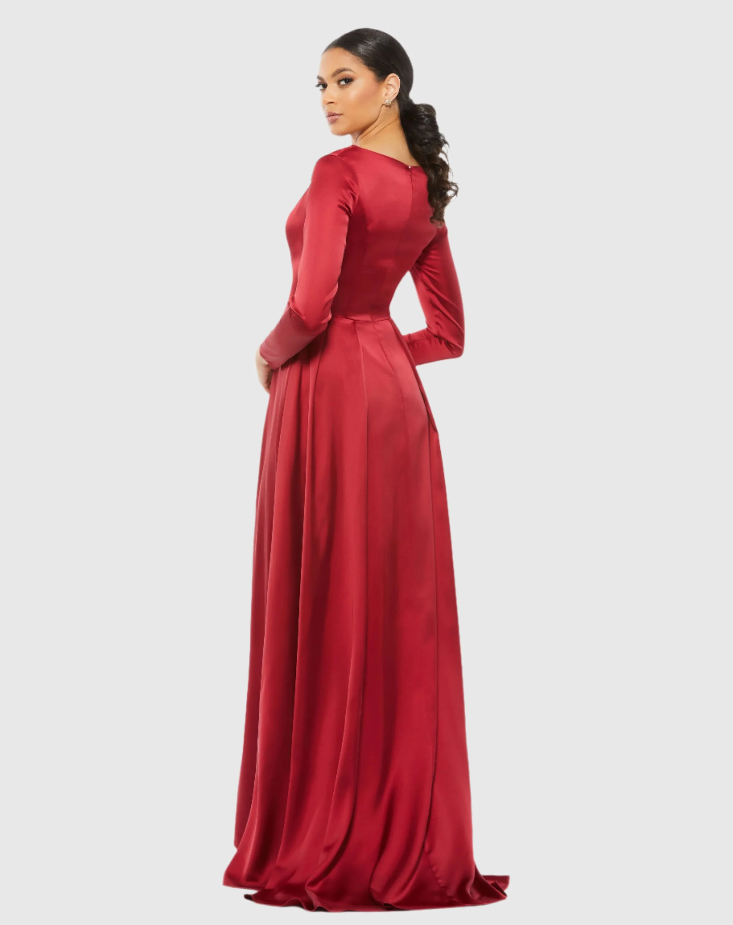 Red Satin V Neck Long Sleeve Pleated Gown - FINAL SALE