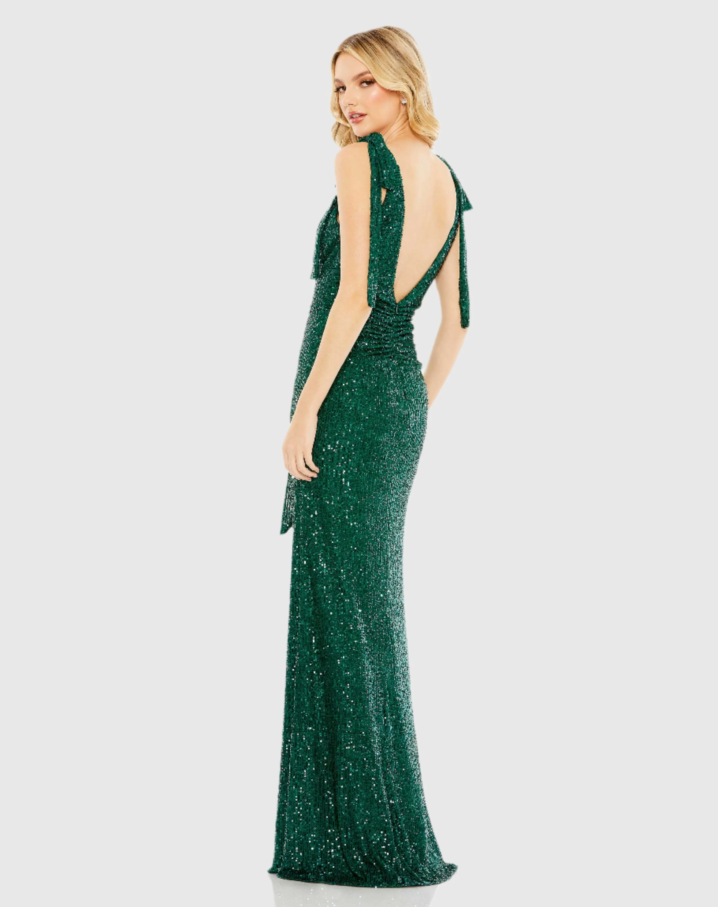 Green Sequined Low Back Bow Shoulder Gown