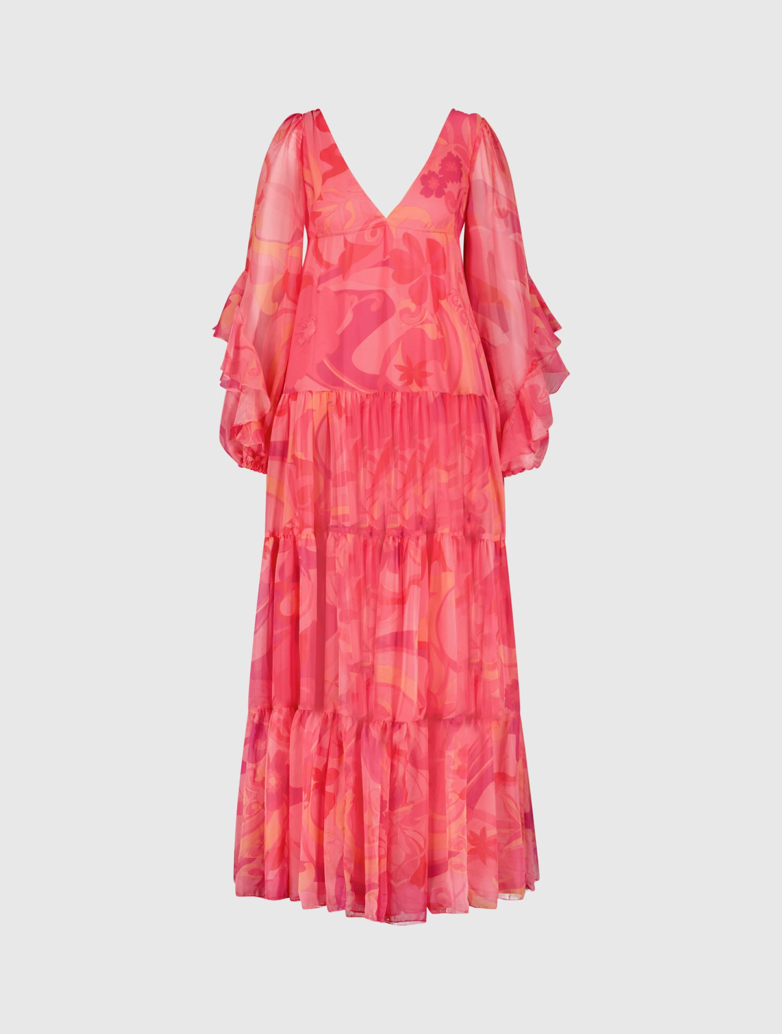 Hibiscus Printed Chiffon Ruffle Long Sleeve V Neck Maxi Dress