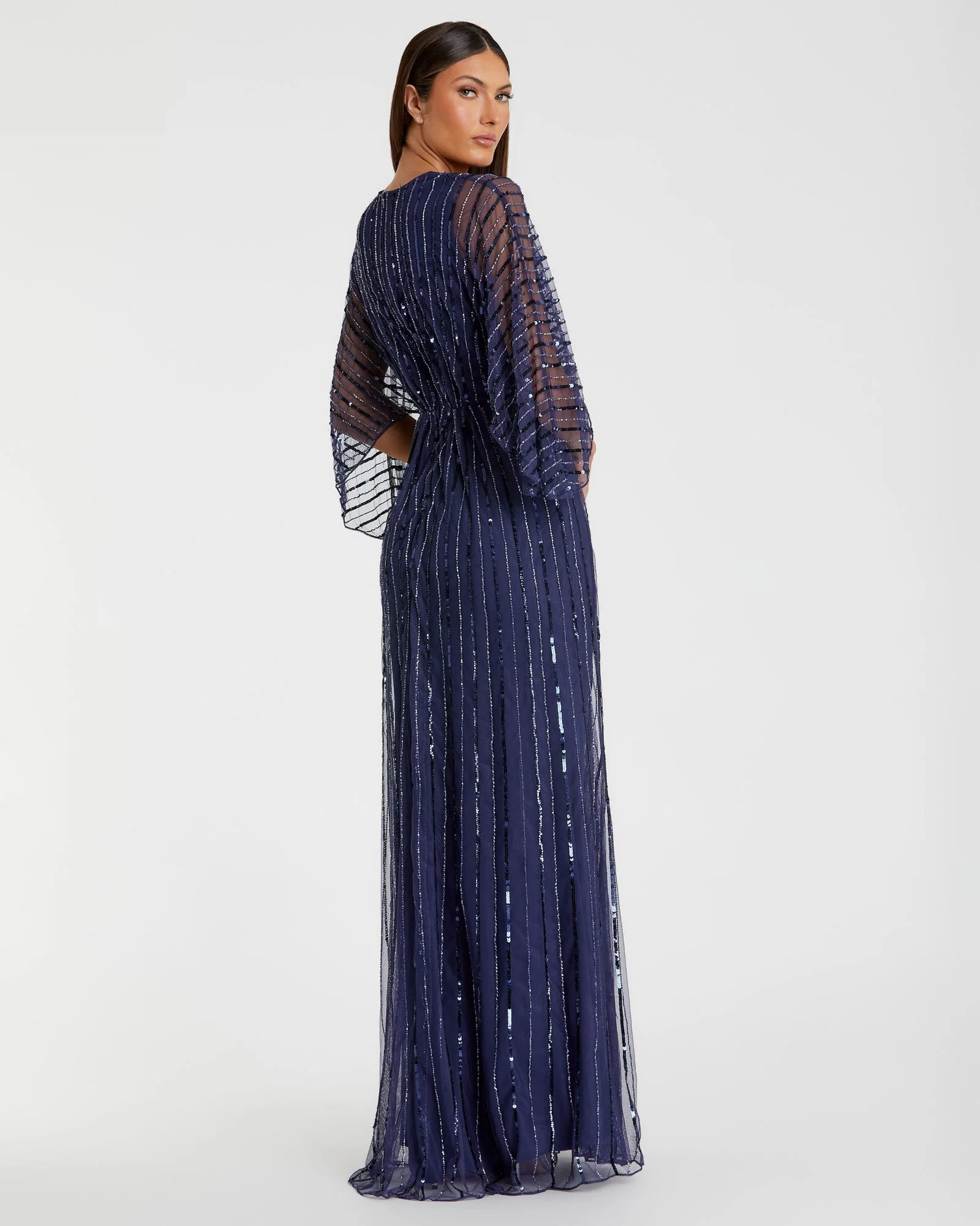 Navy Beaded Striping Kimono Sleeve V Neck Gown
