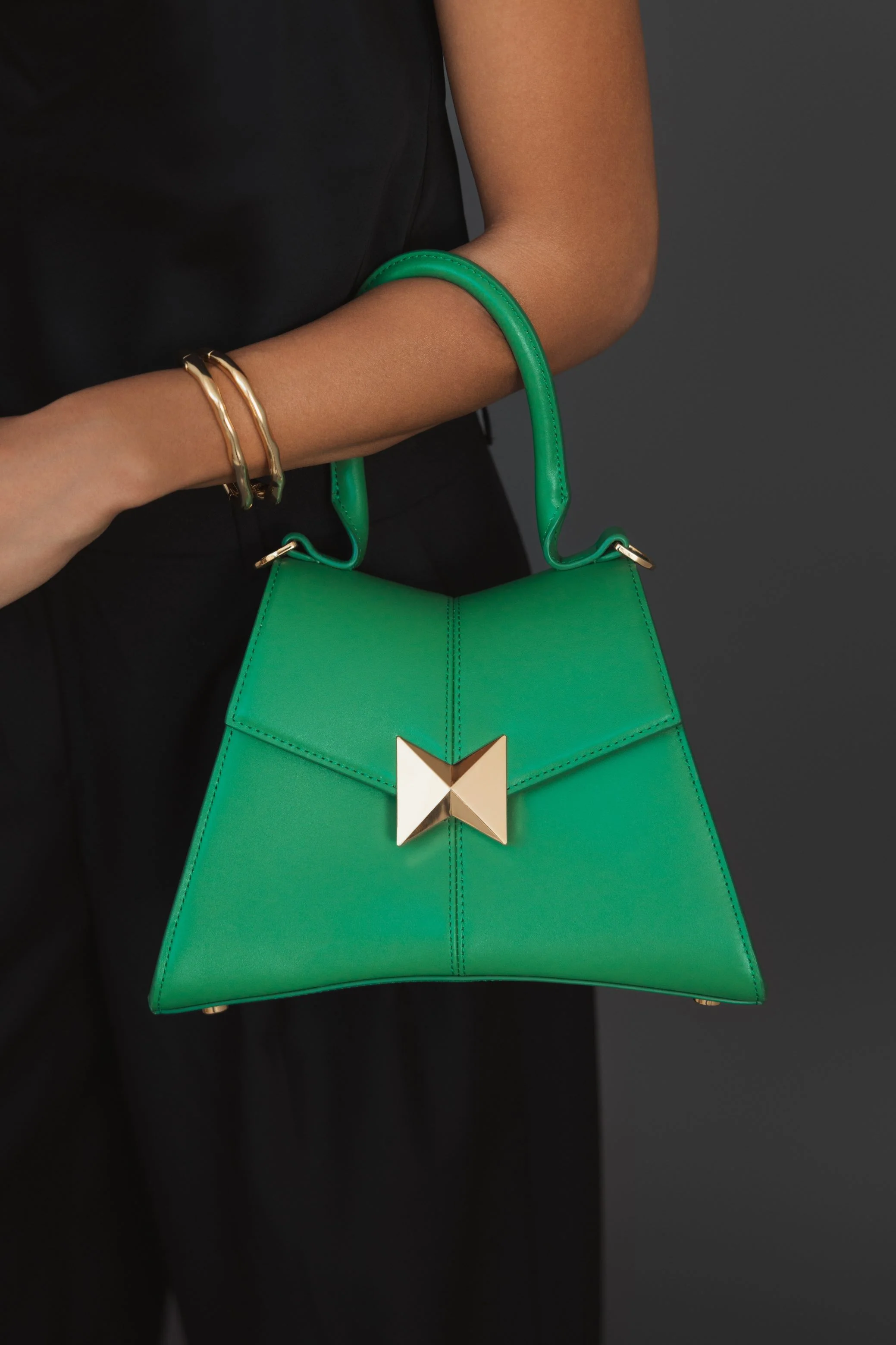 Angular Small Green Leather Handbag With Gold Hardware