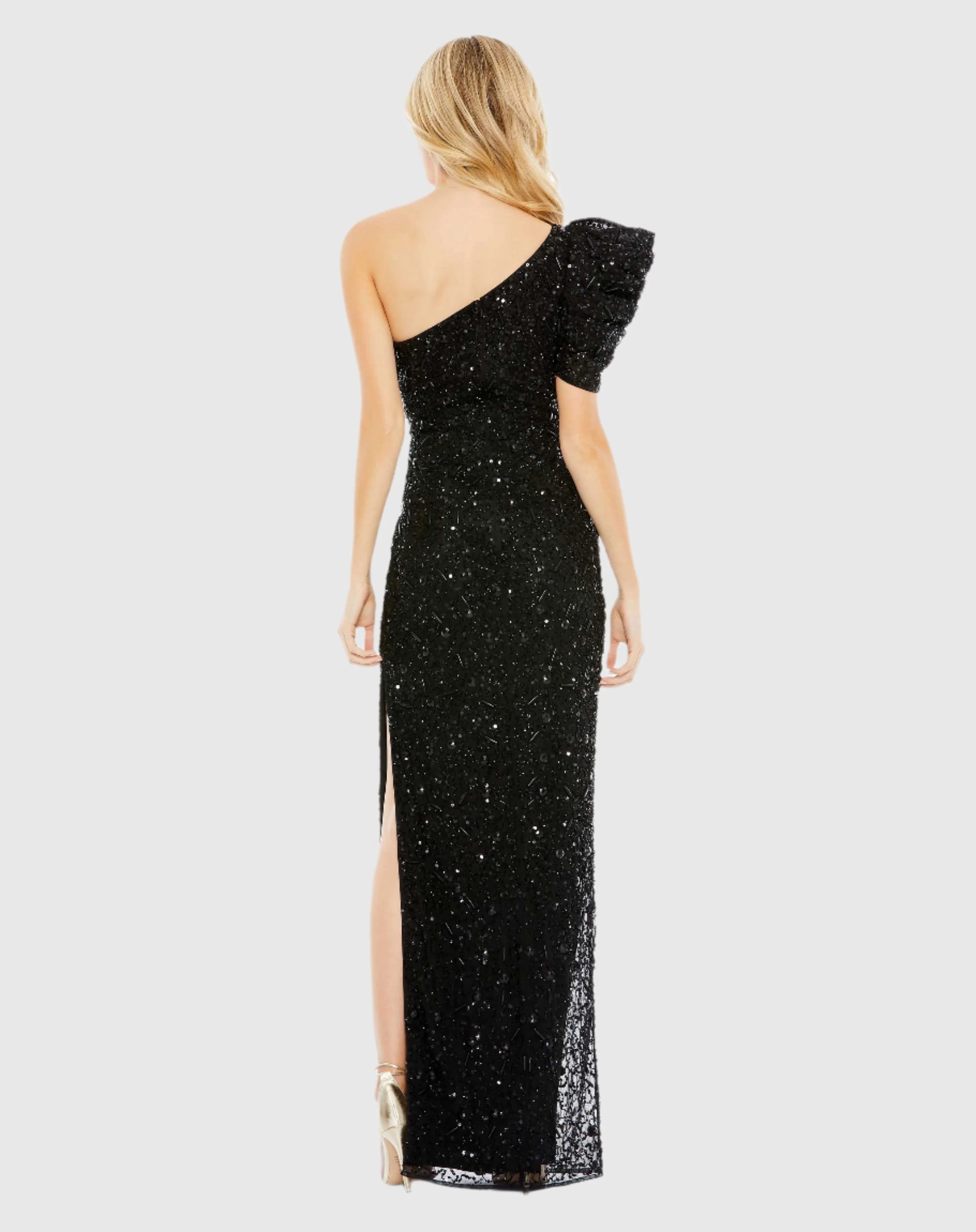 Black Embellished Puff One Shoulder Column Gown