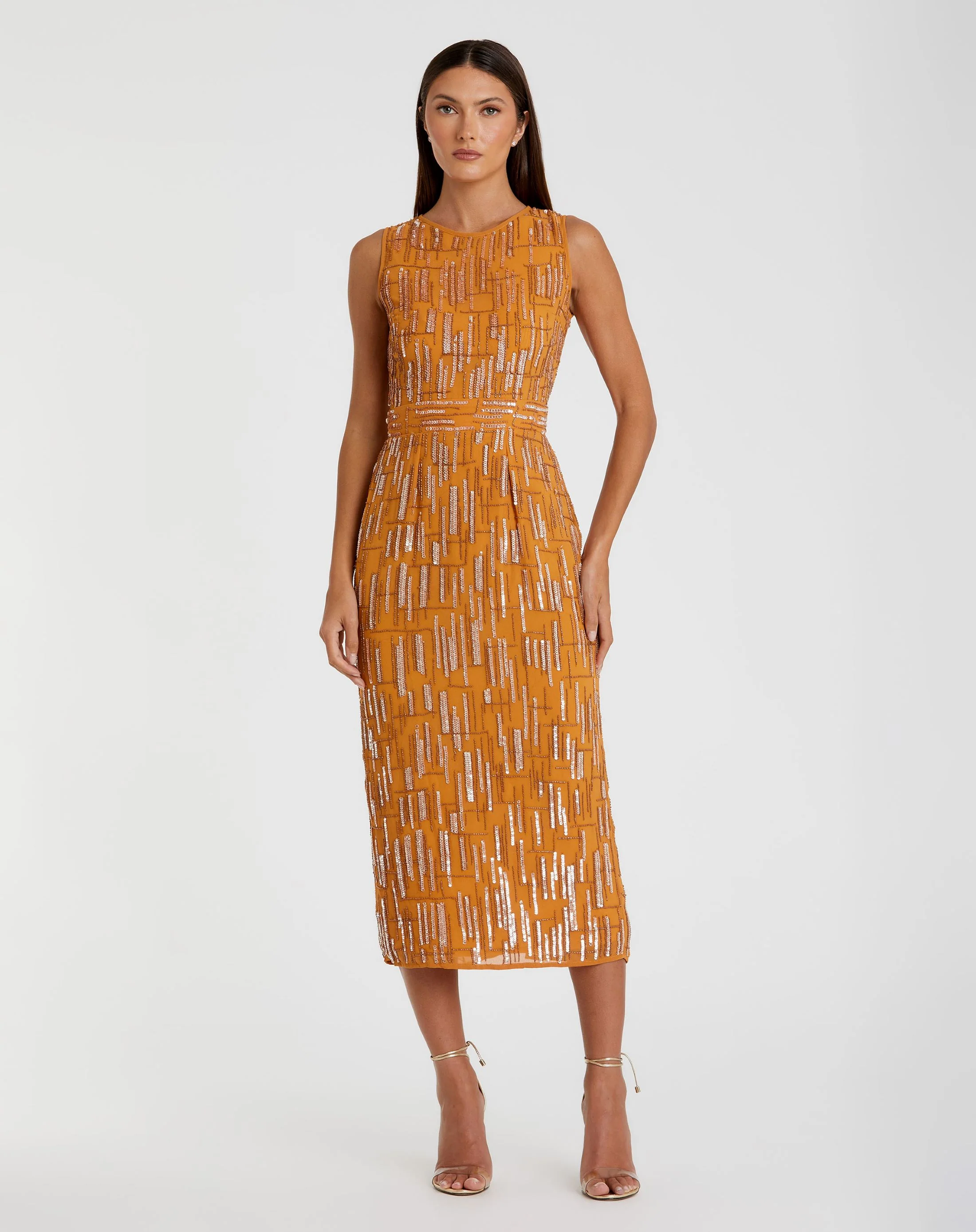 Orange Abstract Beaded Sleeveless Midi Sheath Dress