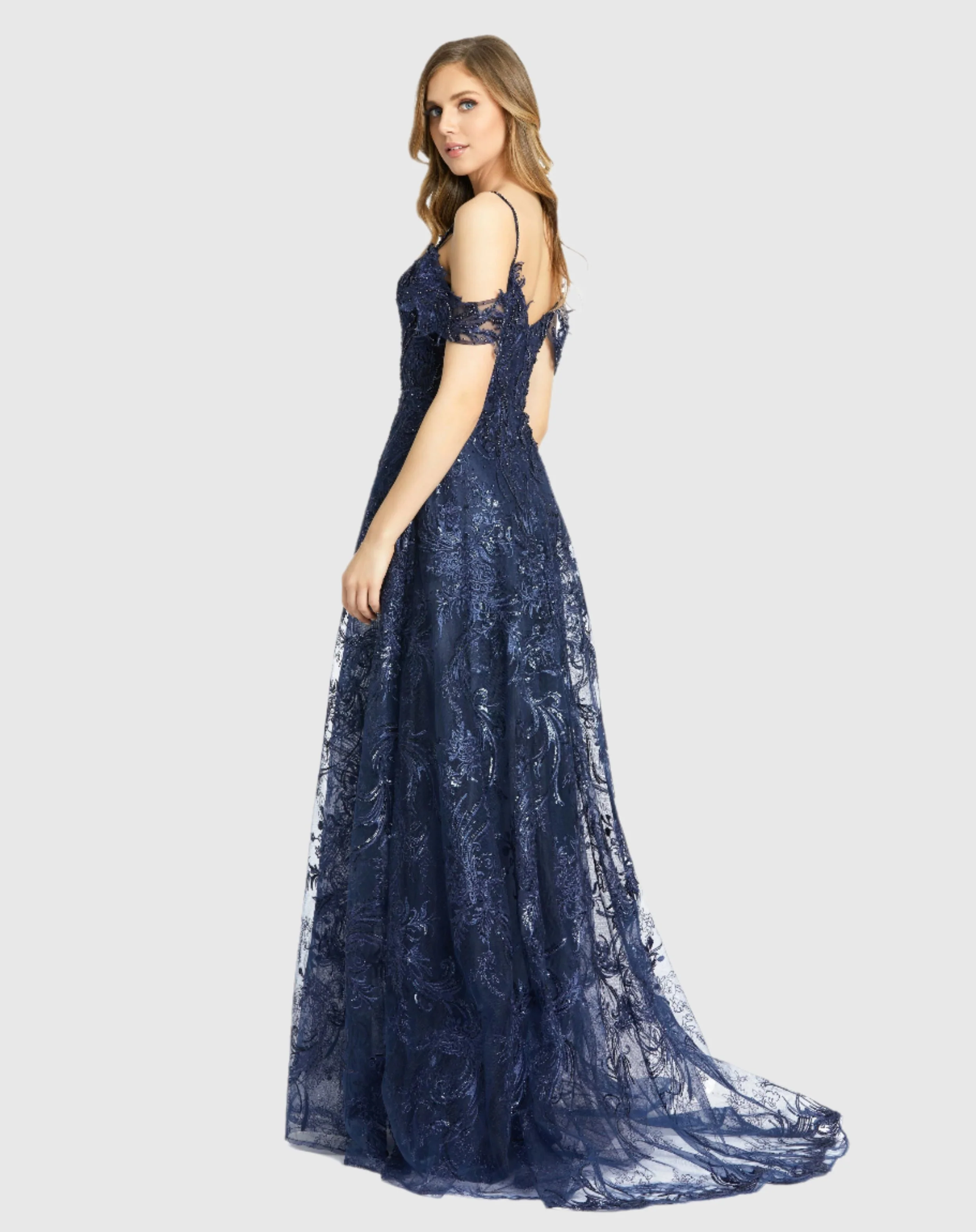 Navy Embellished Cold Shoulder Sweetheart A Line Gown