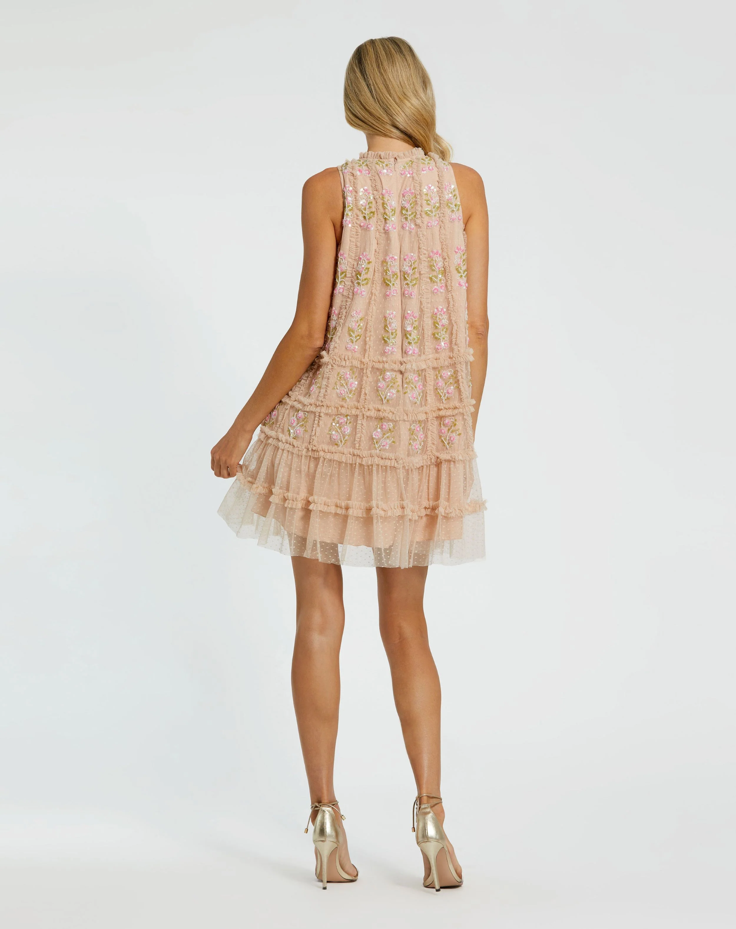 Beige Sleeveless High Neck Beaded Ruffle Detail Dress