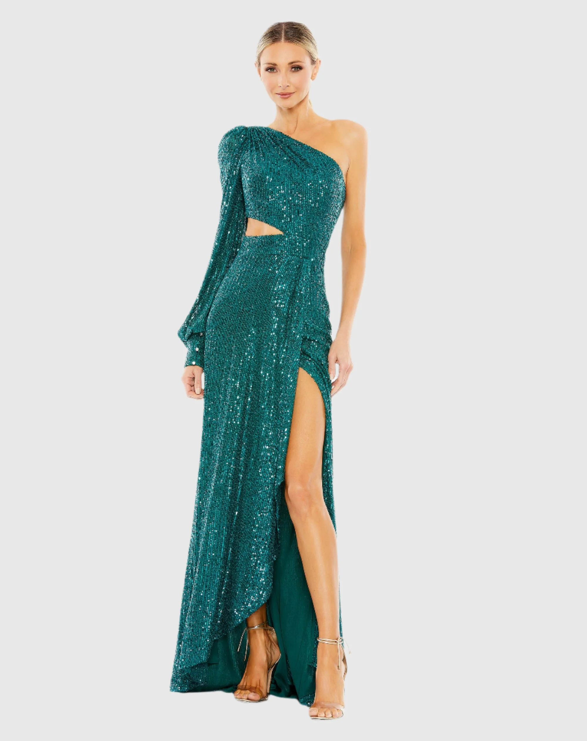 Green Sequined One Shoulder Cut Out Gown