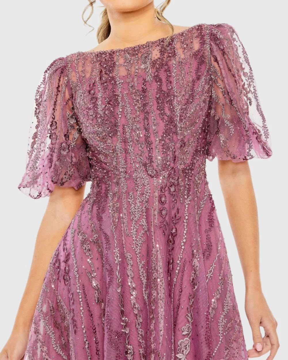 Purple High Neck Puff Sleeve Embellished A Line Dress