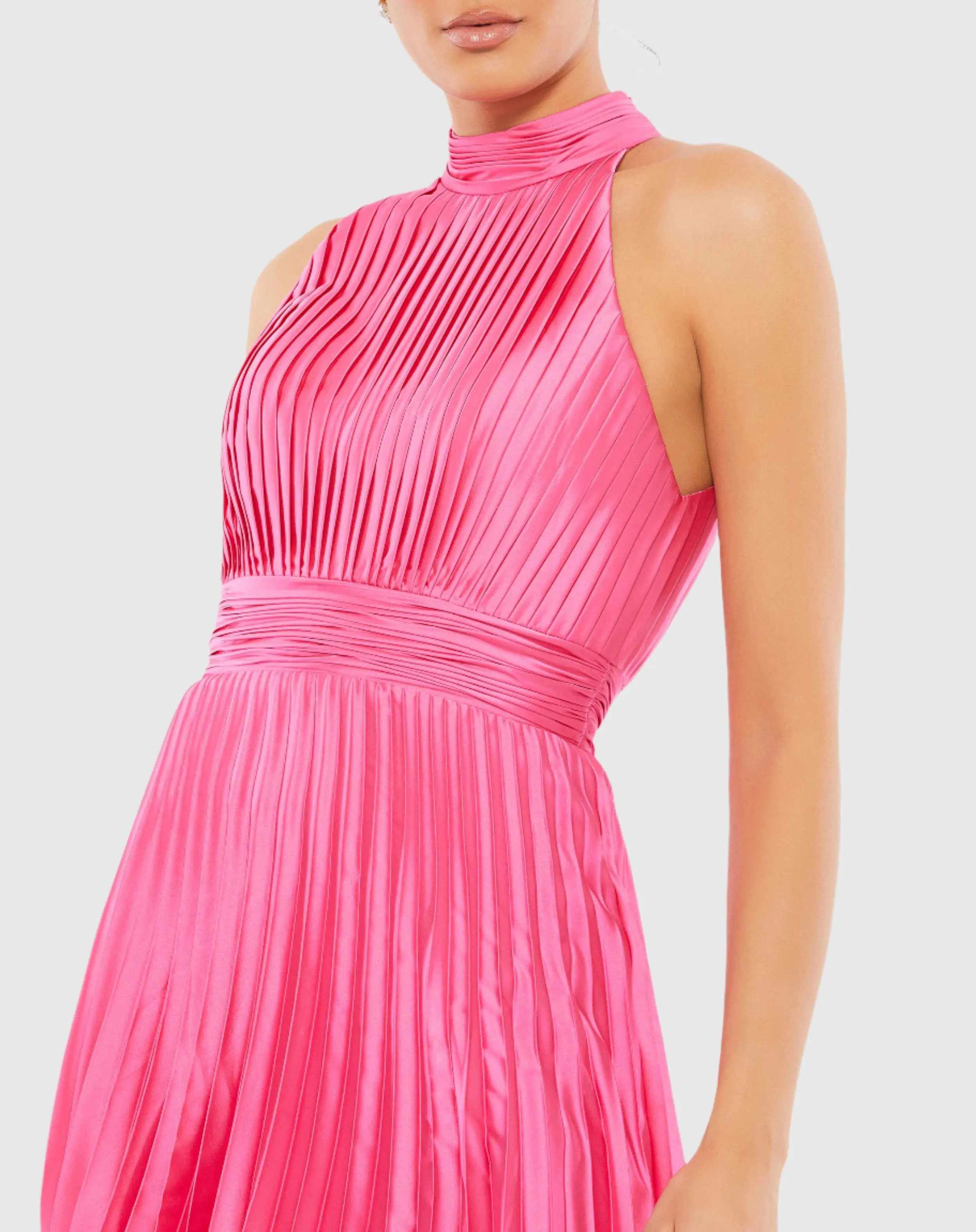 Pink Pleated Halter Neck Mini Dress