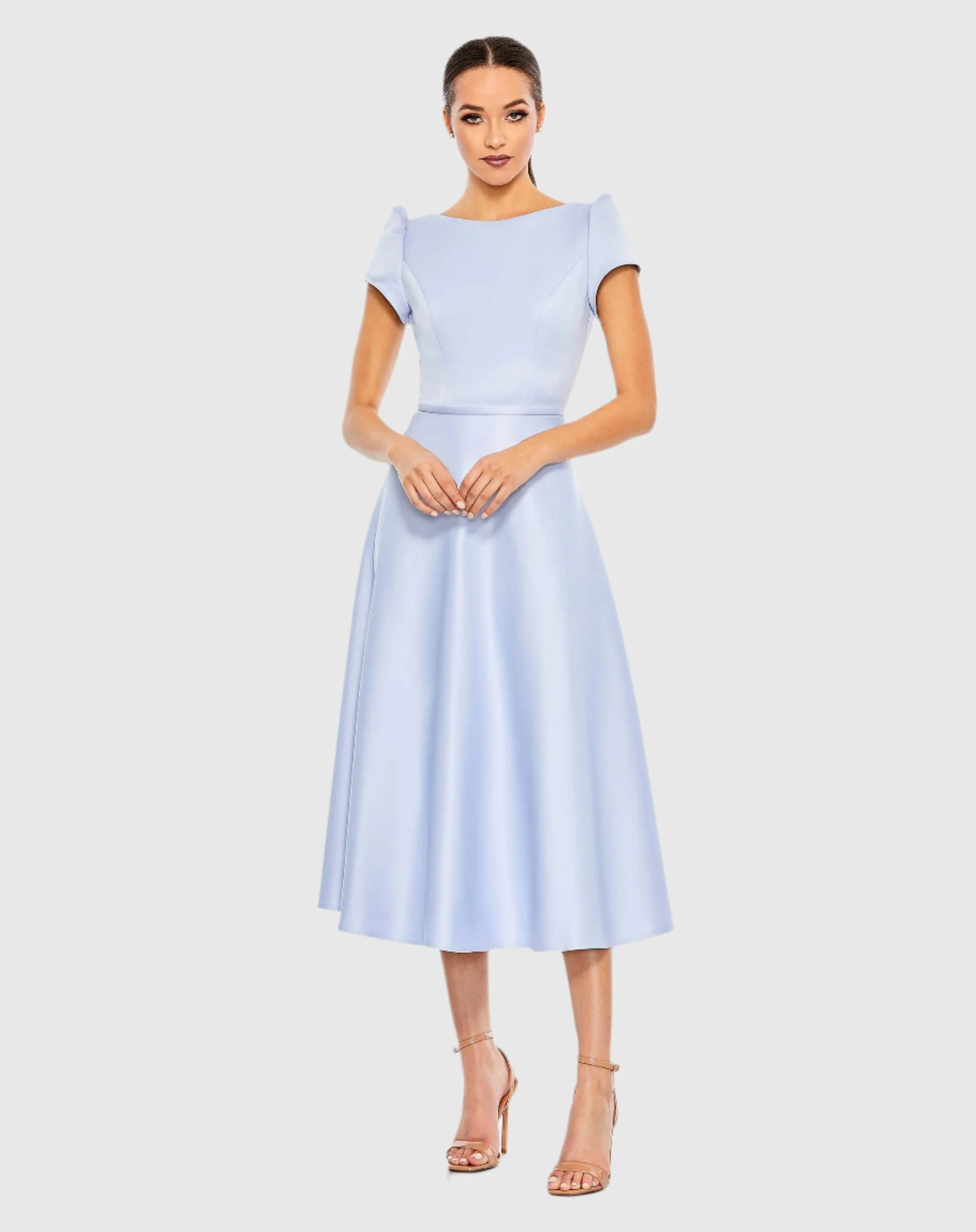 Blue Satin Puff Shoulder Tea Length Dress