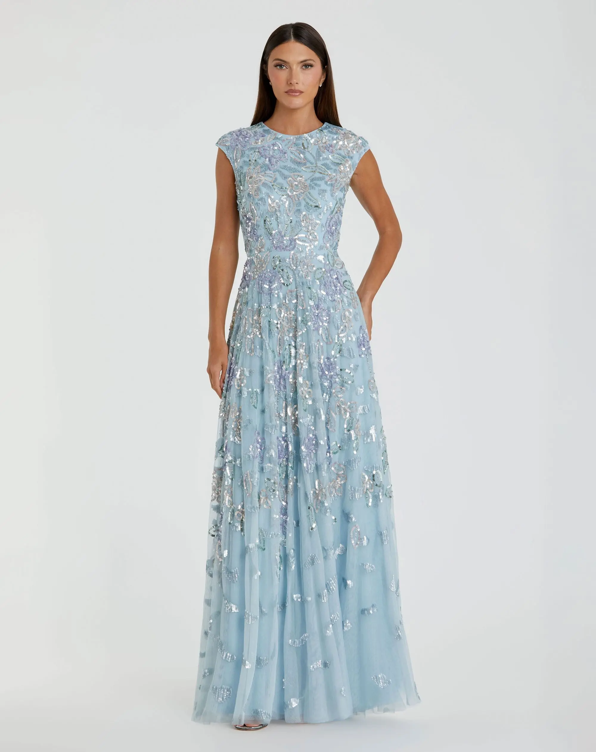 Blue Sequined High Neck Cap Sleeve A Line Gown