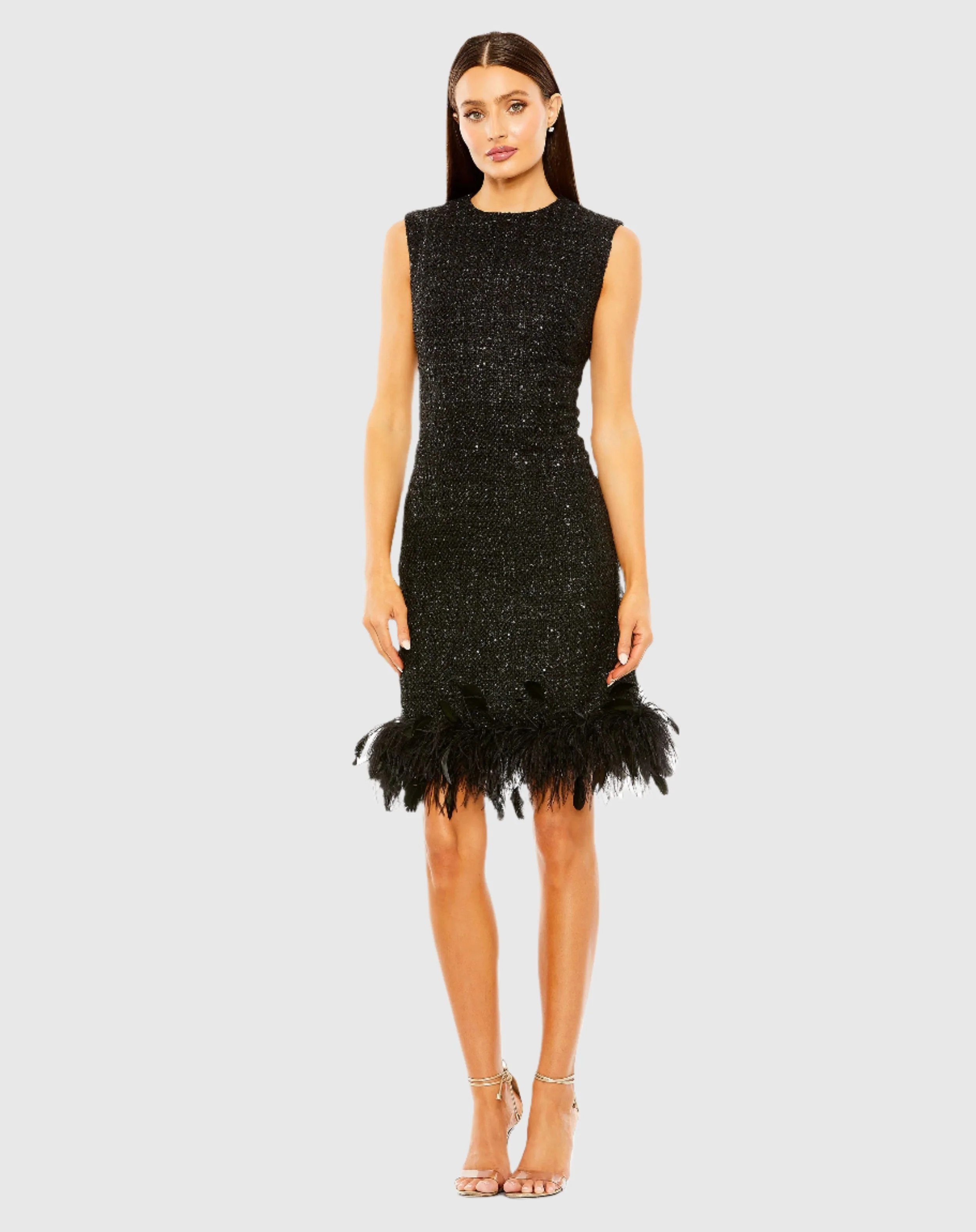 Black A-Line Shift Dress with Feather Trim