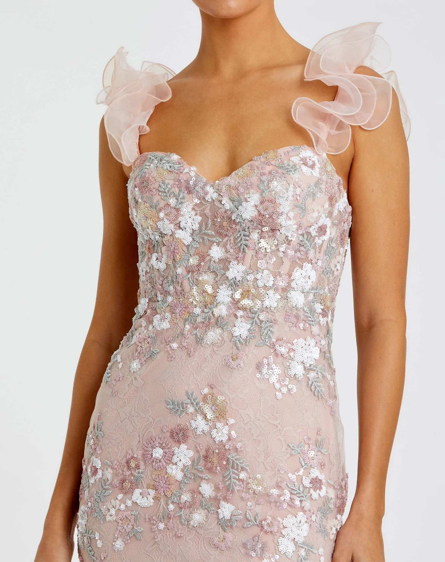 Pink Floral Embroidered Bustier Gown With Ruffle Straps