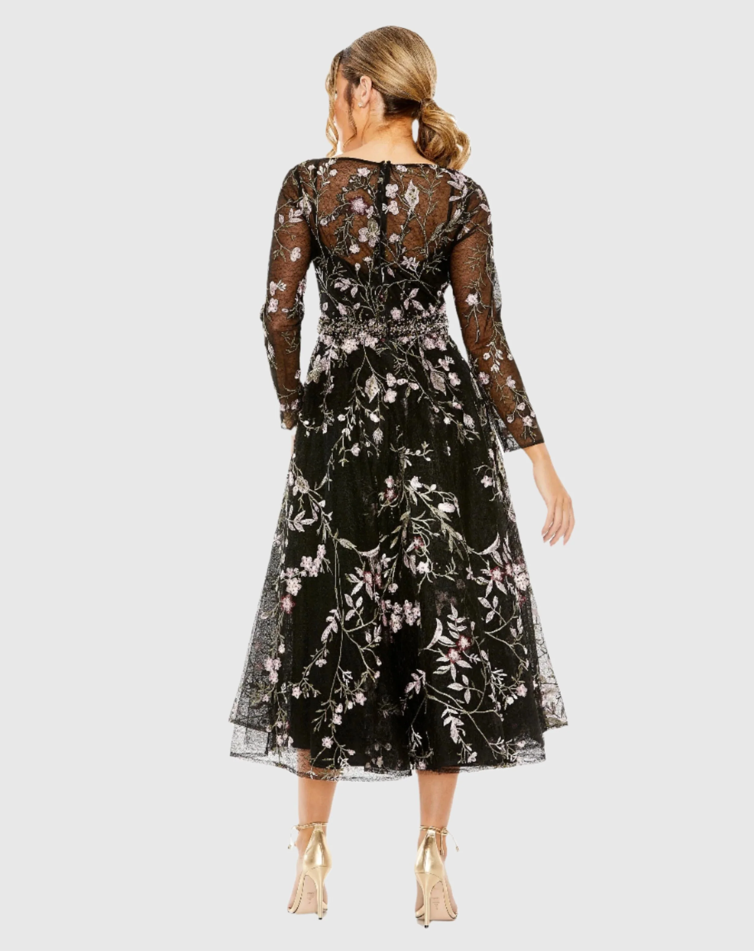 High Neck Long Sleeve Embroidered Dress