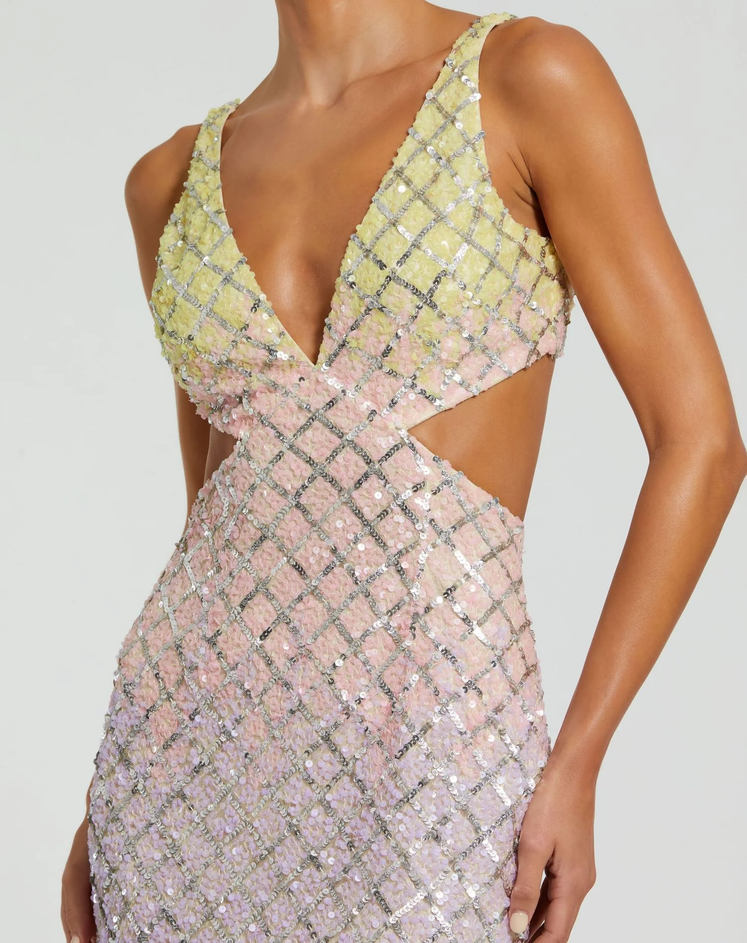 Multicolor V Neck Ombre Beaded Gown With Side Cut Outs