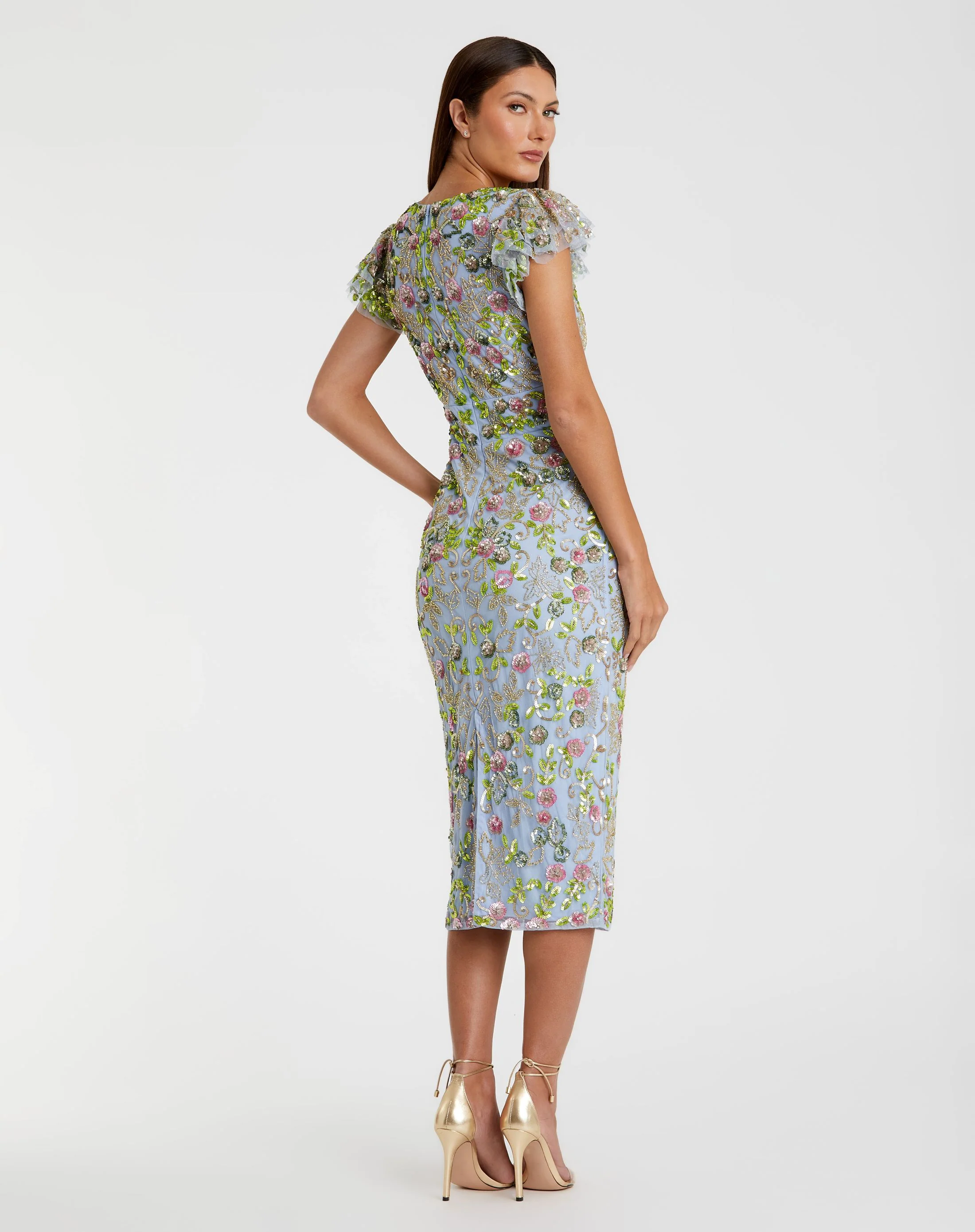 Blue Floral Sequin Embellished Flutter Cap Sleeve Dress