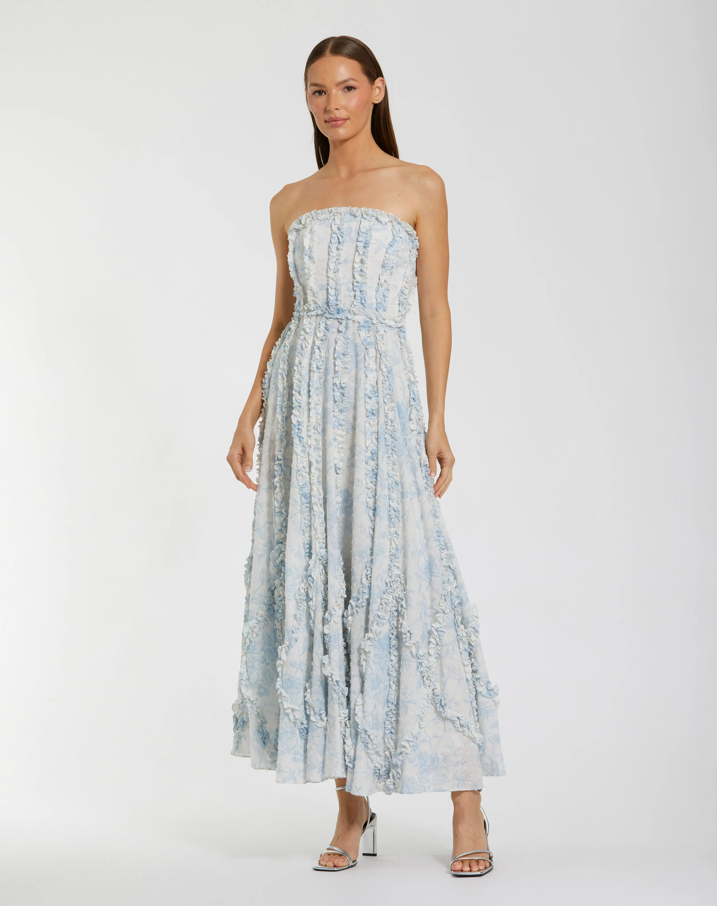 Blue and White Strapless Ruffle Floral Cotton Dress
