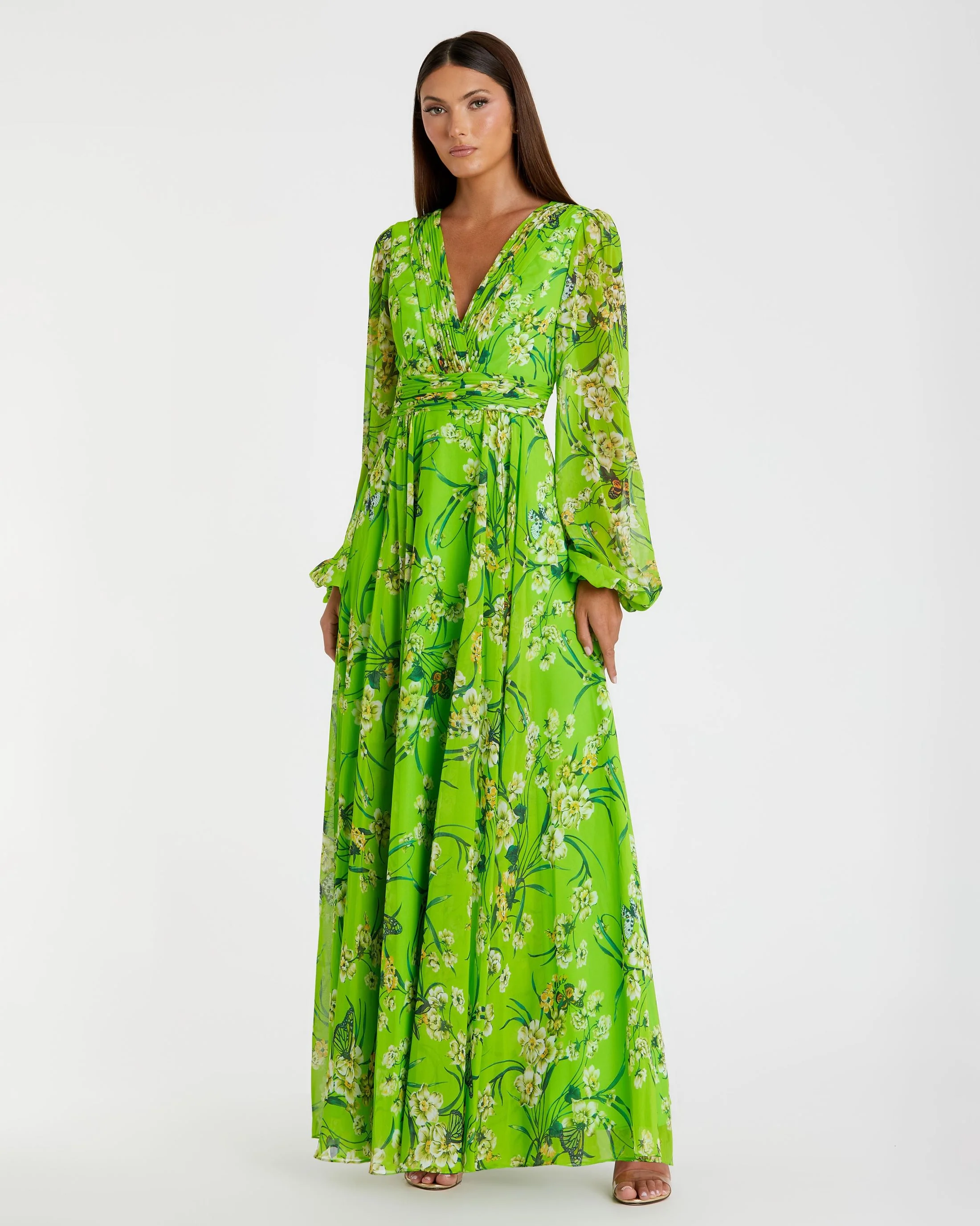 Puff Sleeve Floral Chiffon Gown