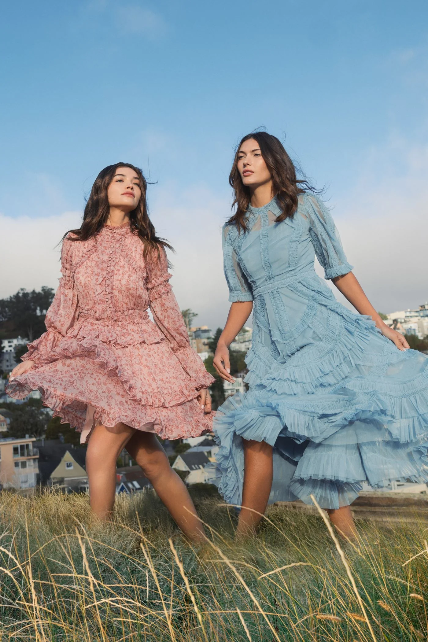 Pink Long Sleeve Open Front High Neck Ruffle Mini Dress