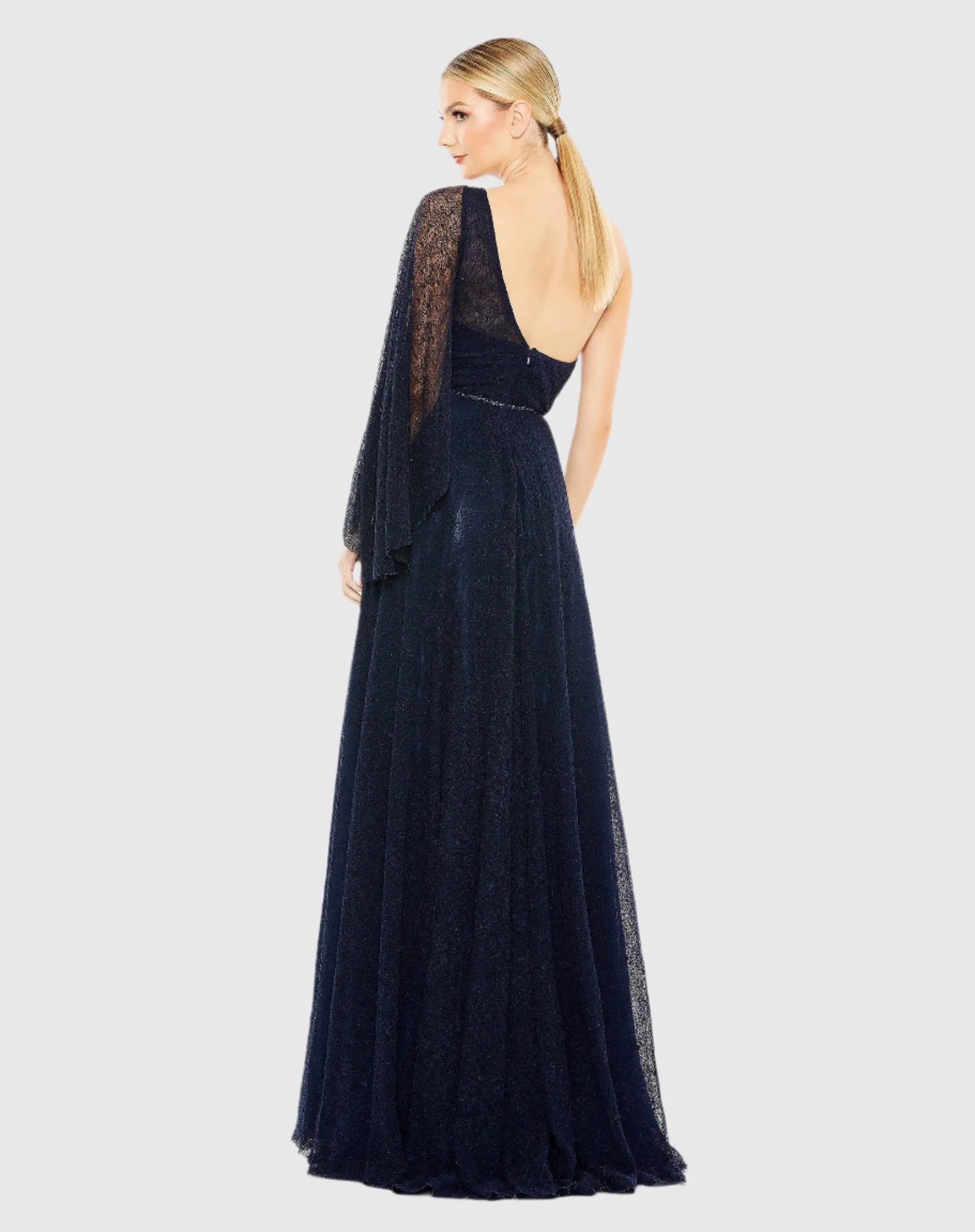 Navy Lace One Shoulder Illusion Sleeve A Line Gown
