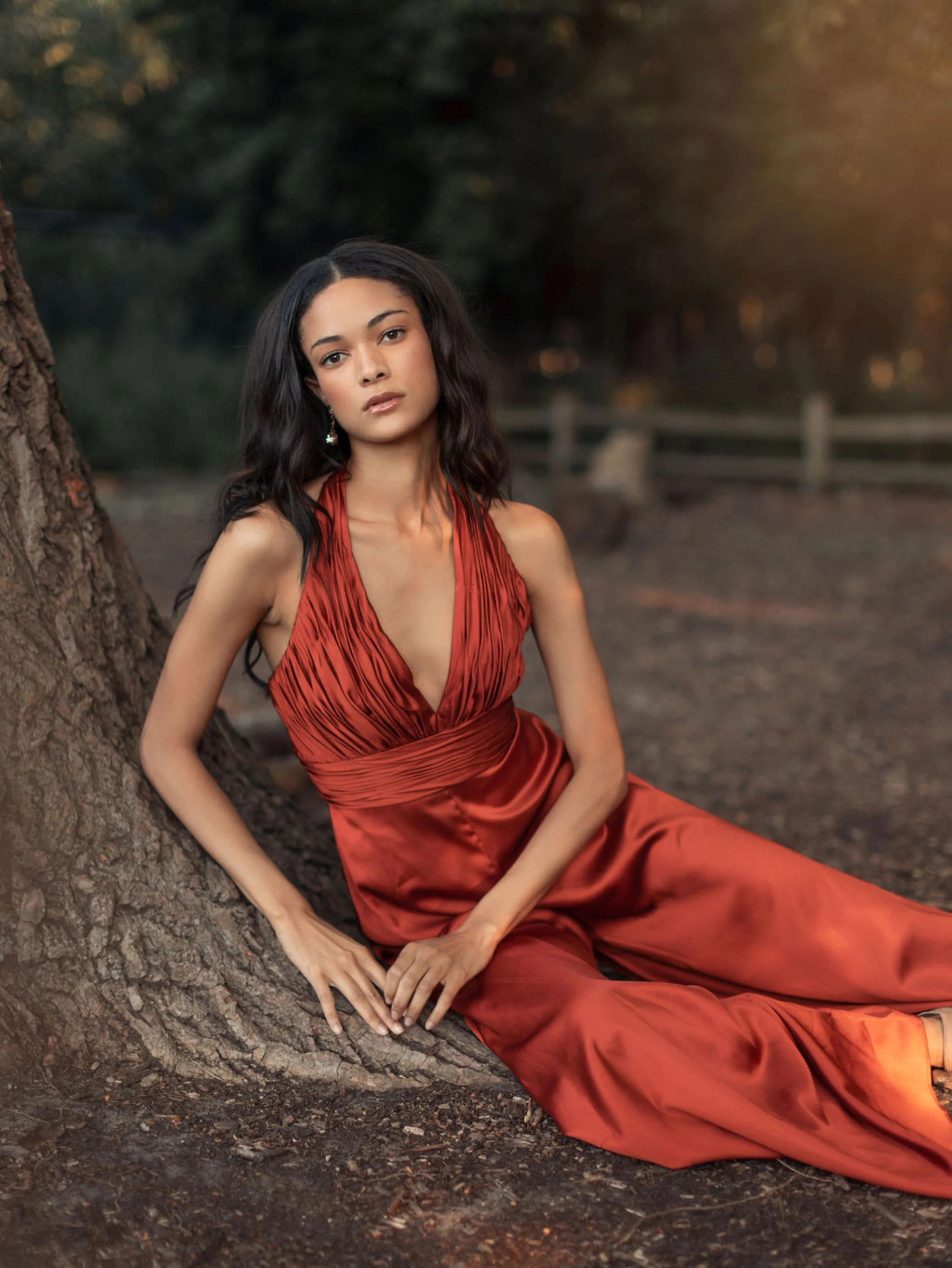 Orange Ruched Halter Top Wide Leg Satin Jumpsuit