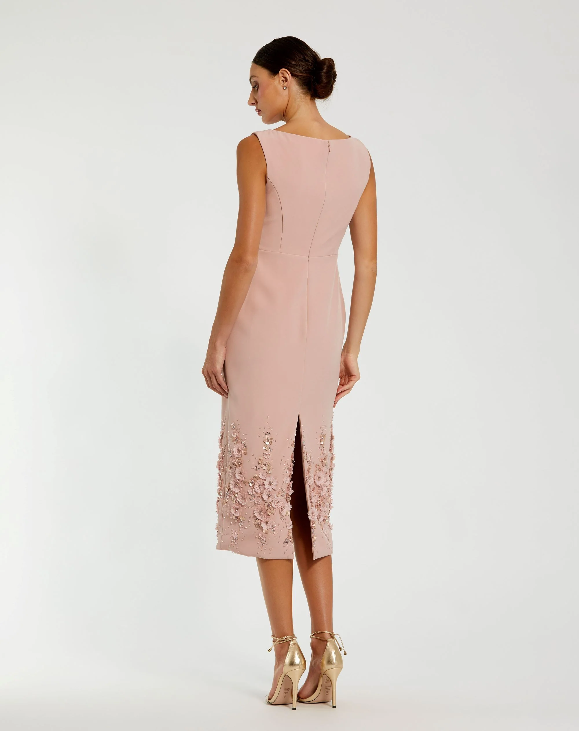 Pink Crepe Sleeveless Midi Dress With Flower Beading