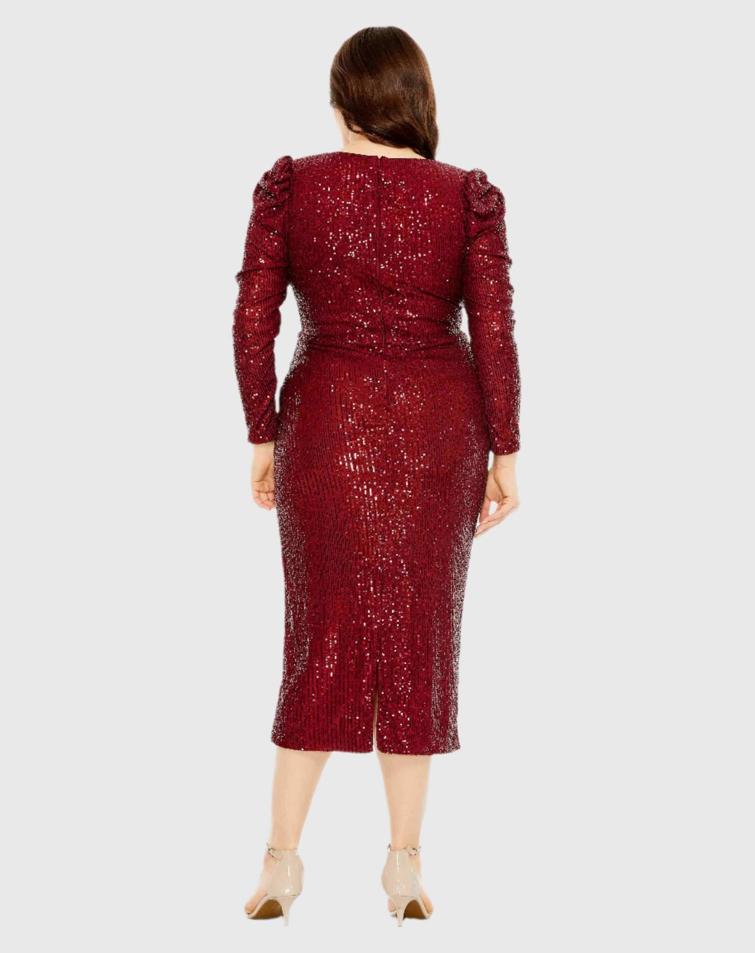 Red Princess Long Sleeve V Neck Sequin Dress