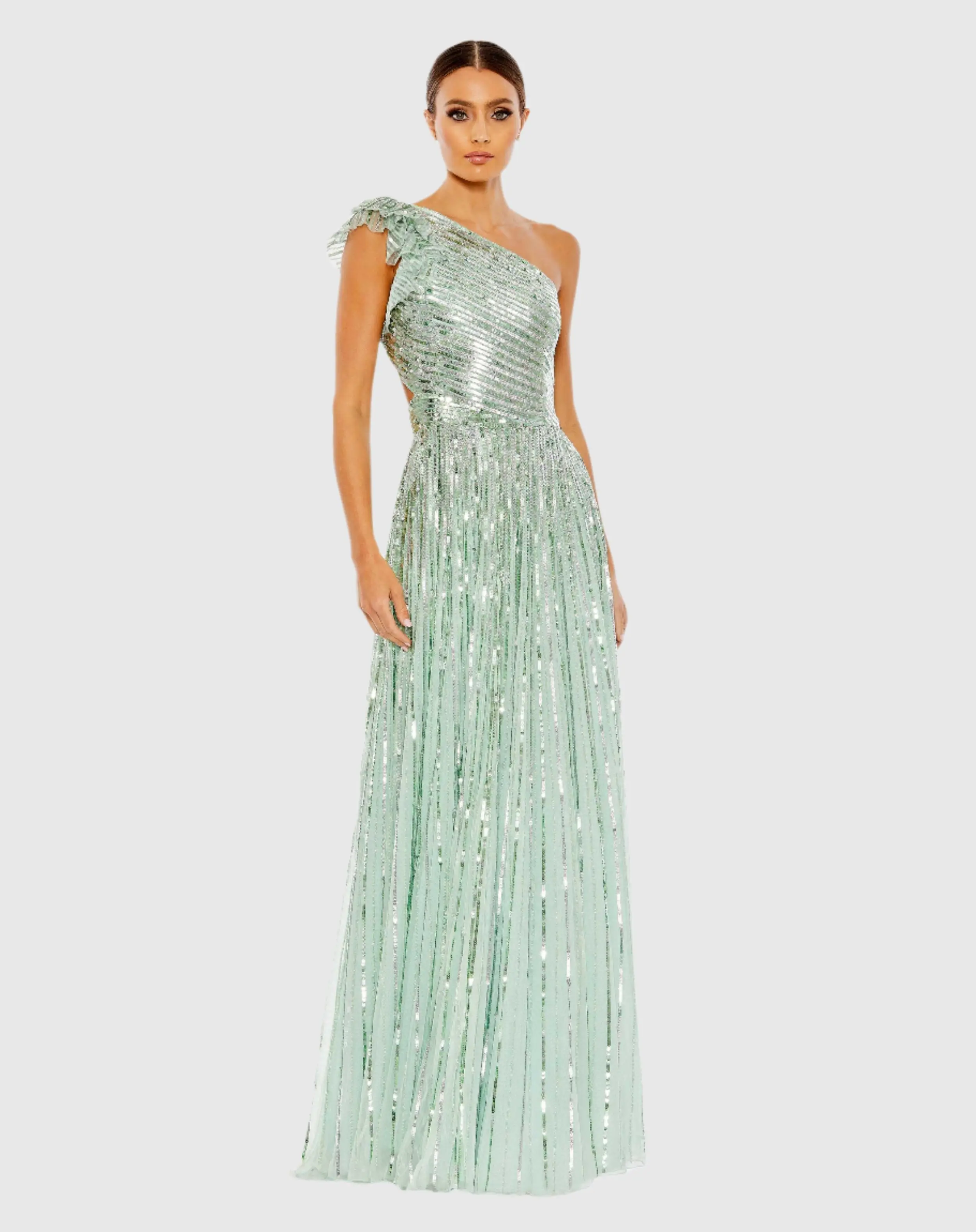 Light Green Sequined One Shoulder Flutter Sleeve A Line Gown