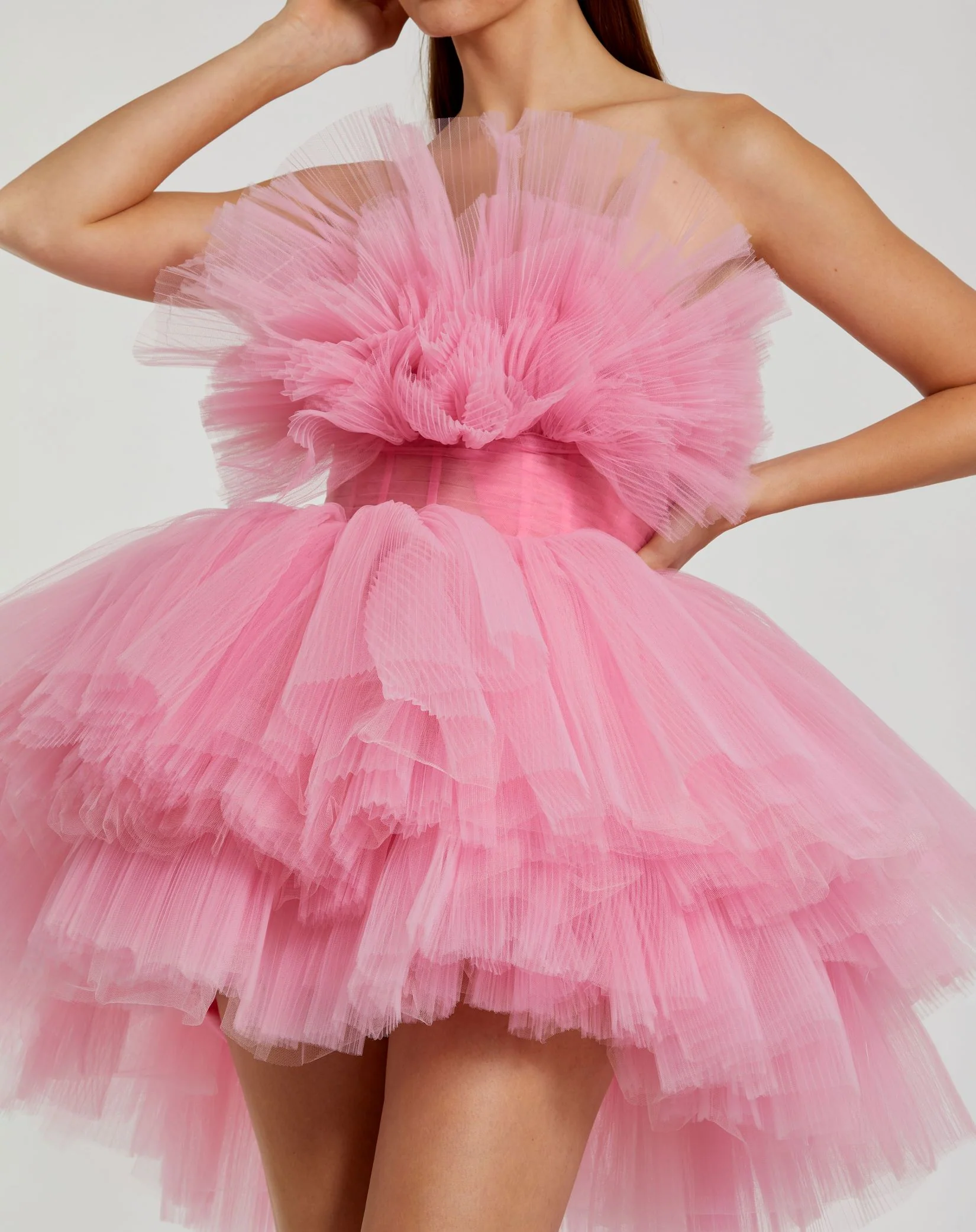 Pink Strapless Ruffled Tulle Mini Ballgown