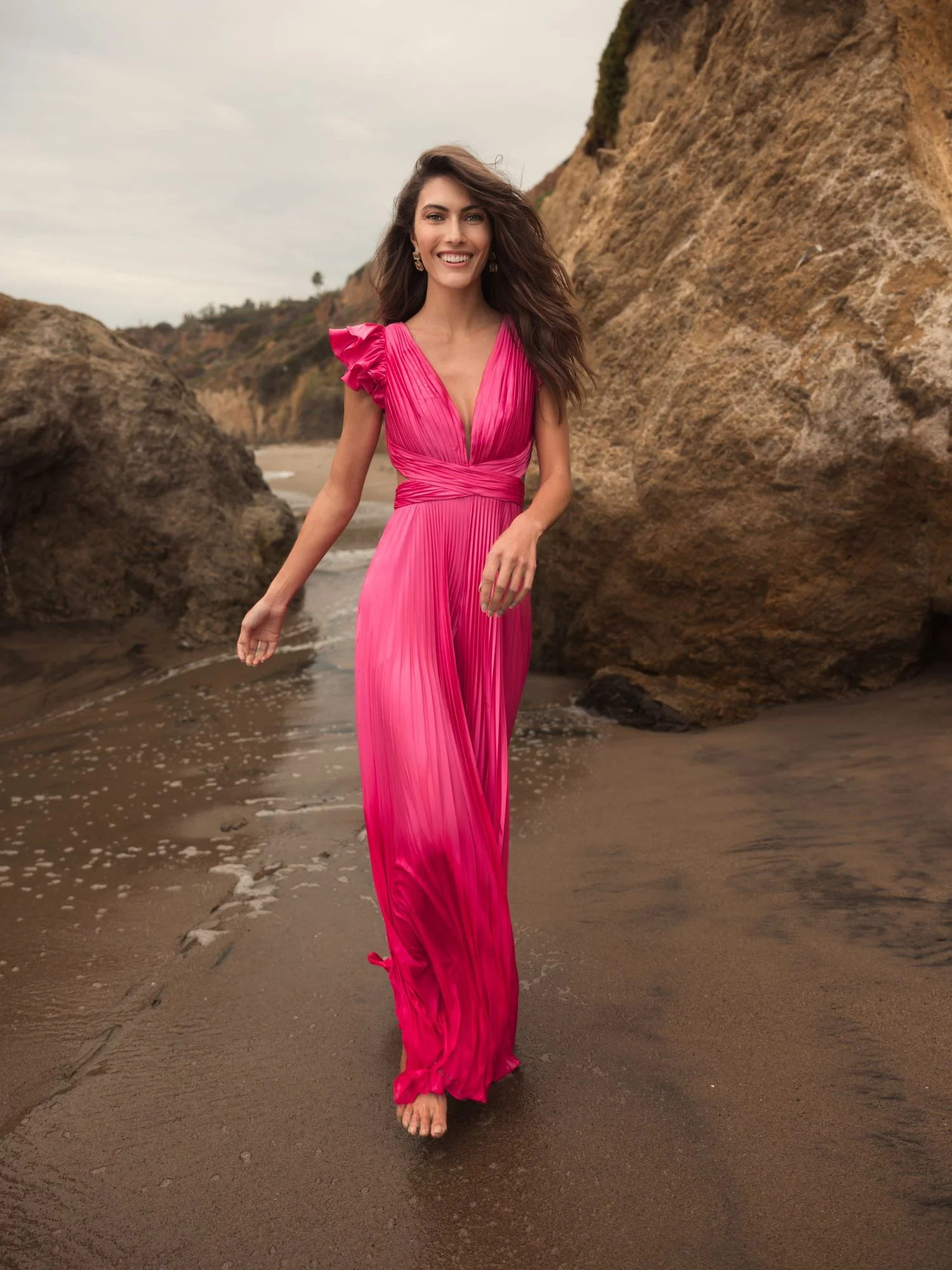 Pink Ruffle Cap Sleeve Cutout Heat Pleated Jumpsuit