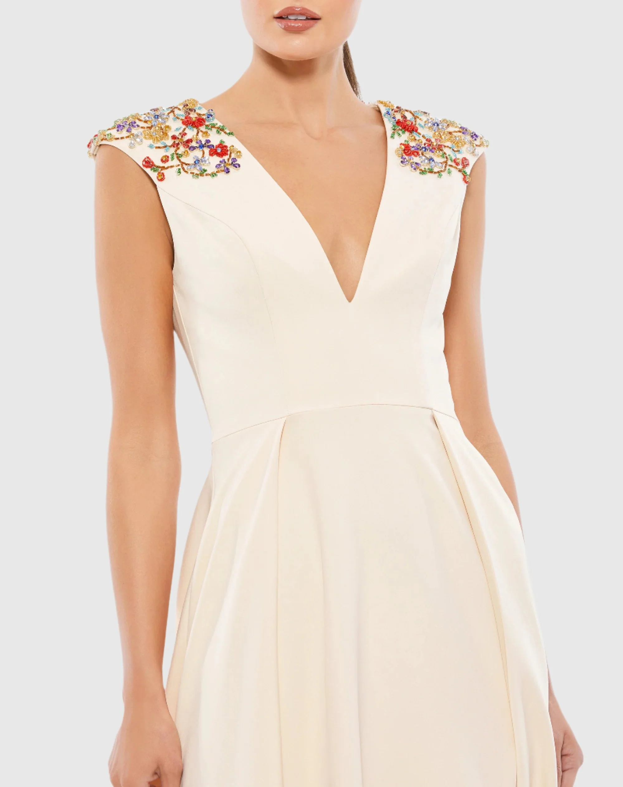 Beige Beaded Cap Sleeve V Neck A Line Gown