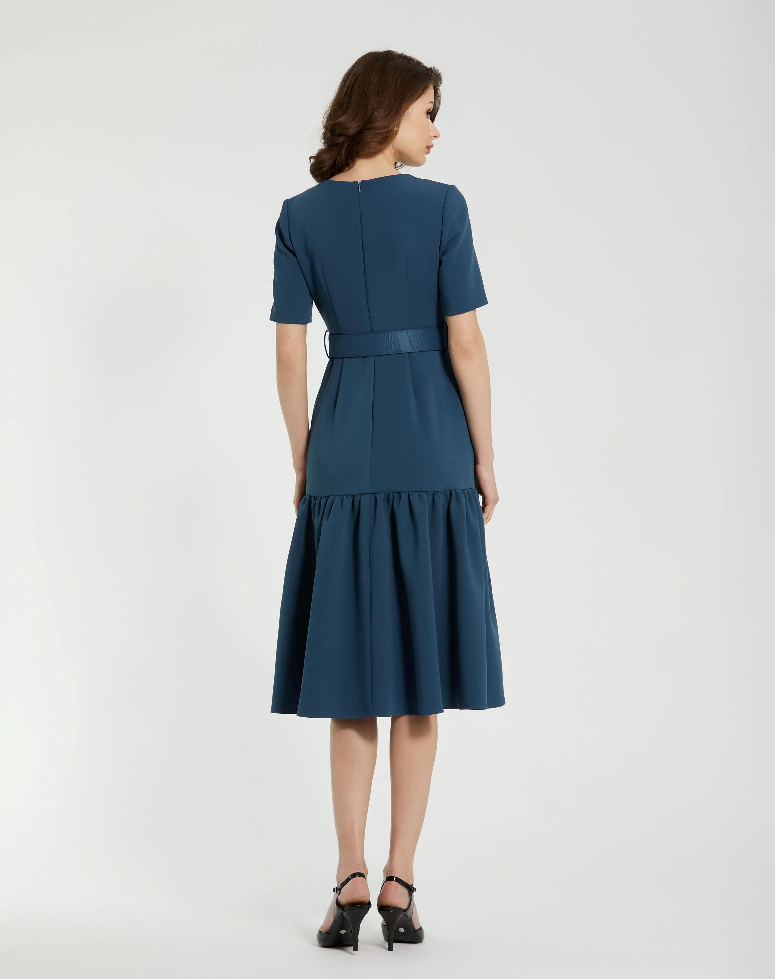 Blue Crepe 3/4 Sleeve Midi Dress With Belt And Pockets