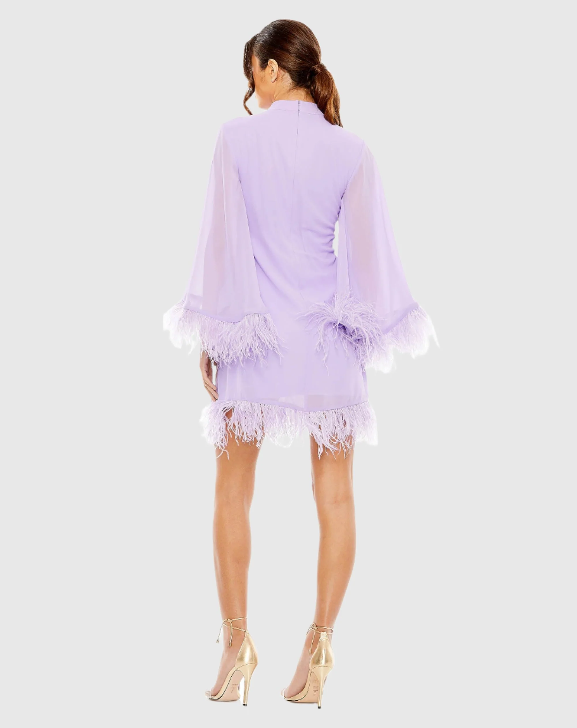 High Neck Cape Sleeve Mini Dress with Feather Trim