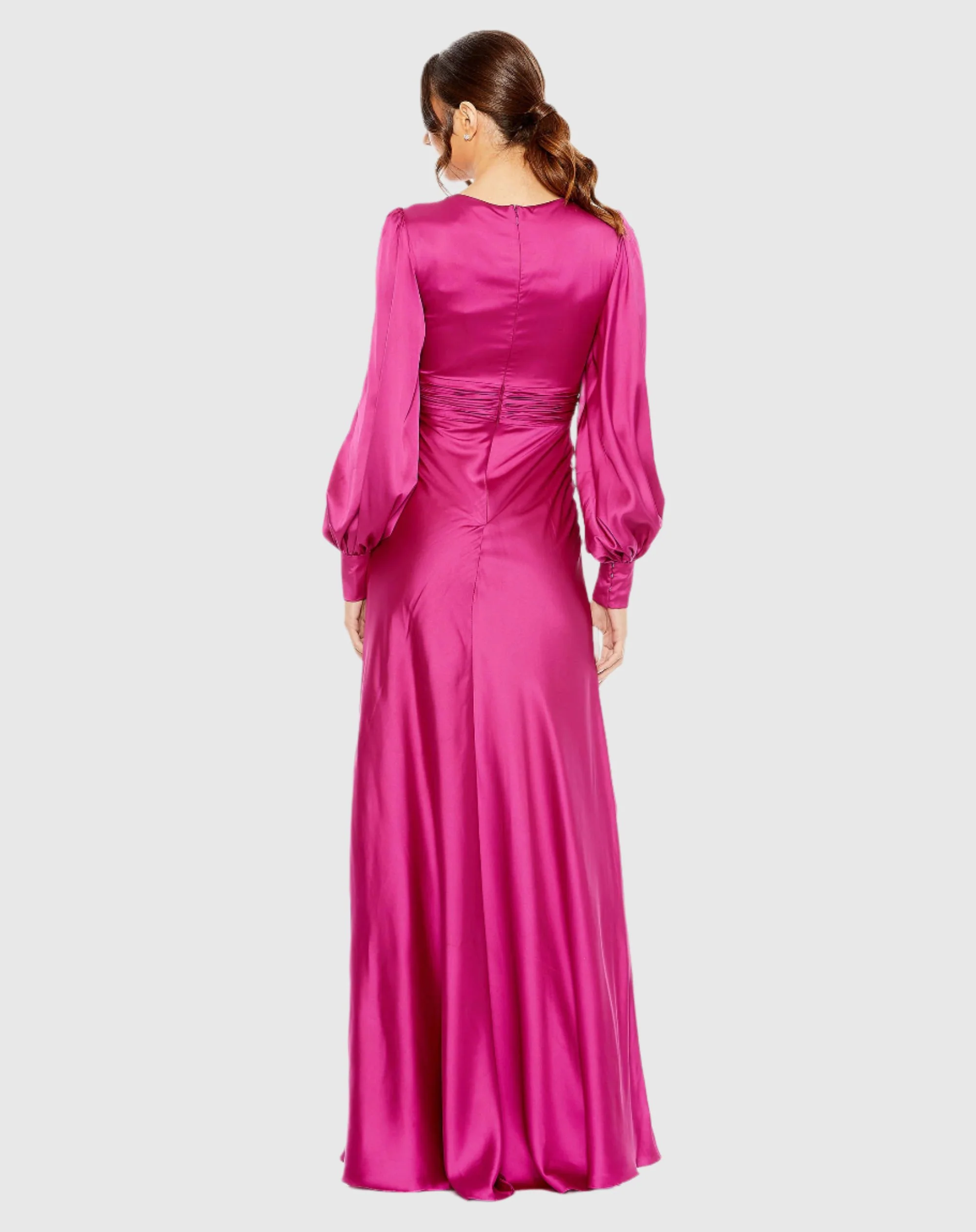 Pink Charmeuse Bishop Sleeve V Neck Gown