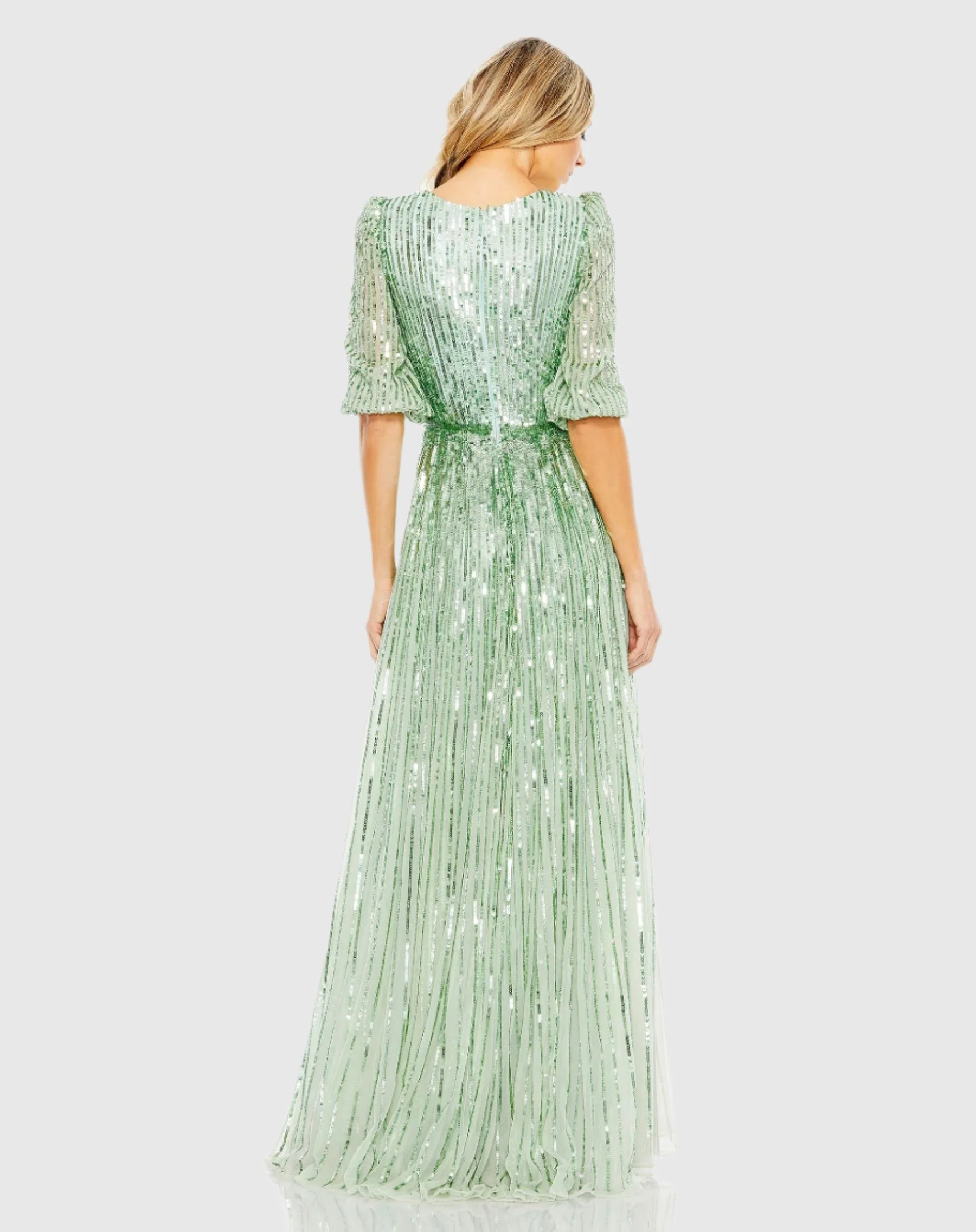 Green Sequined Wrap Over 3/4 Sleeve Gown
