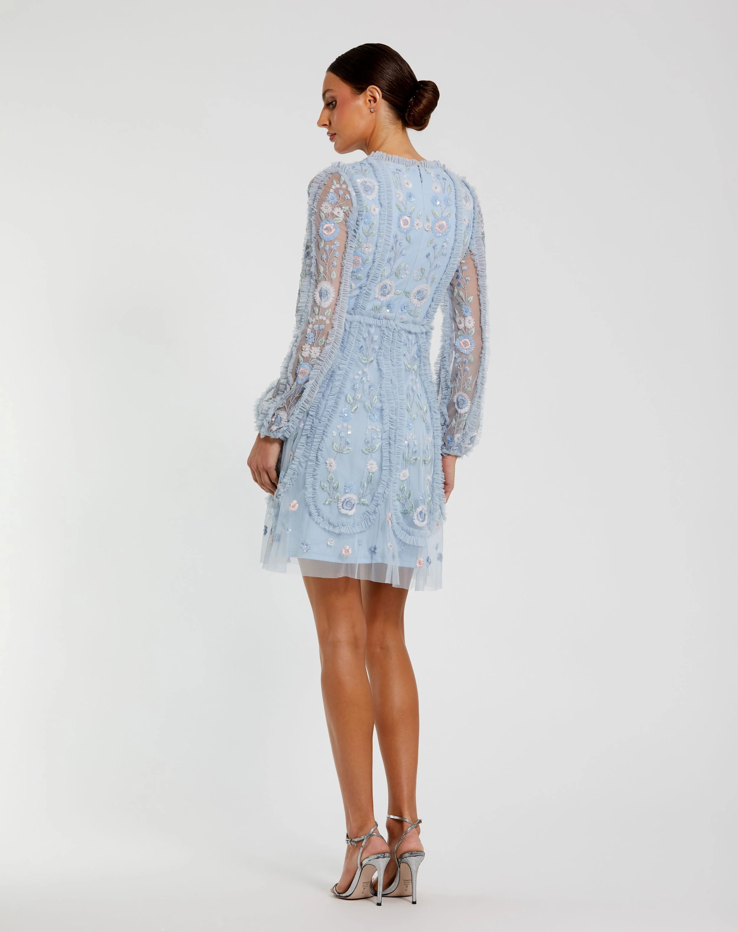 Blue Floral Mesh Long Sleeve Micro Ruffle Mini Dress