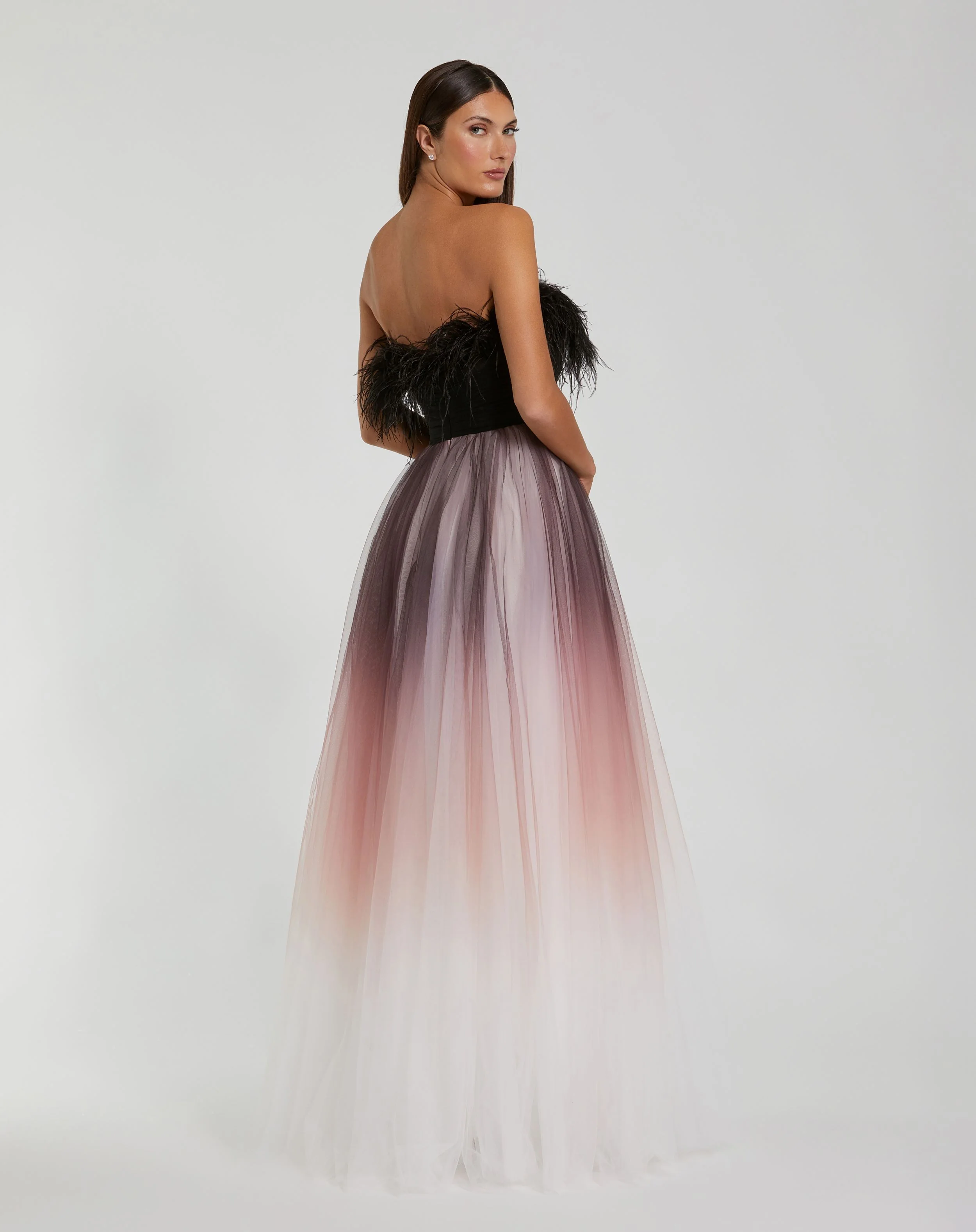 Black Ombre Strapless Feather Bodice Tulle Gown