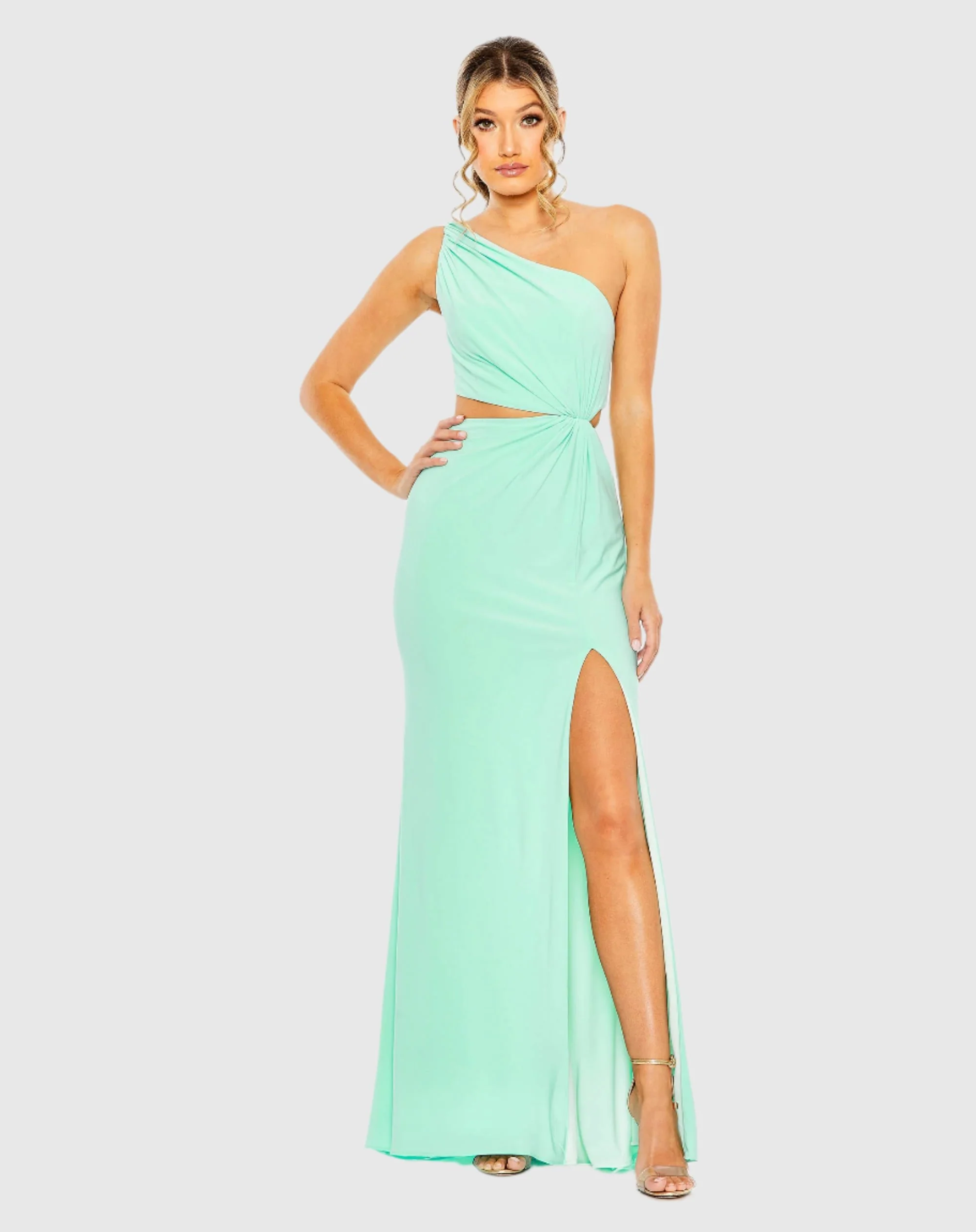 Green One Shoulder Ruched Cut Out Jersey Gown