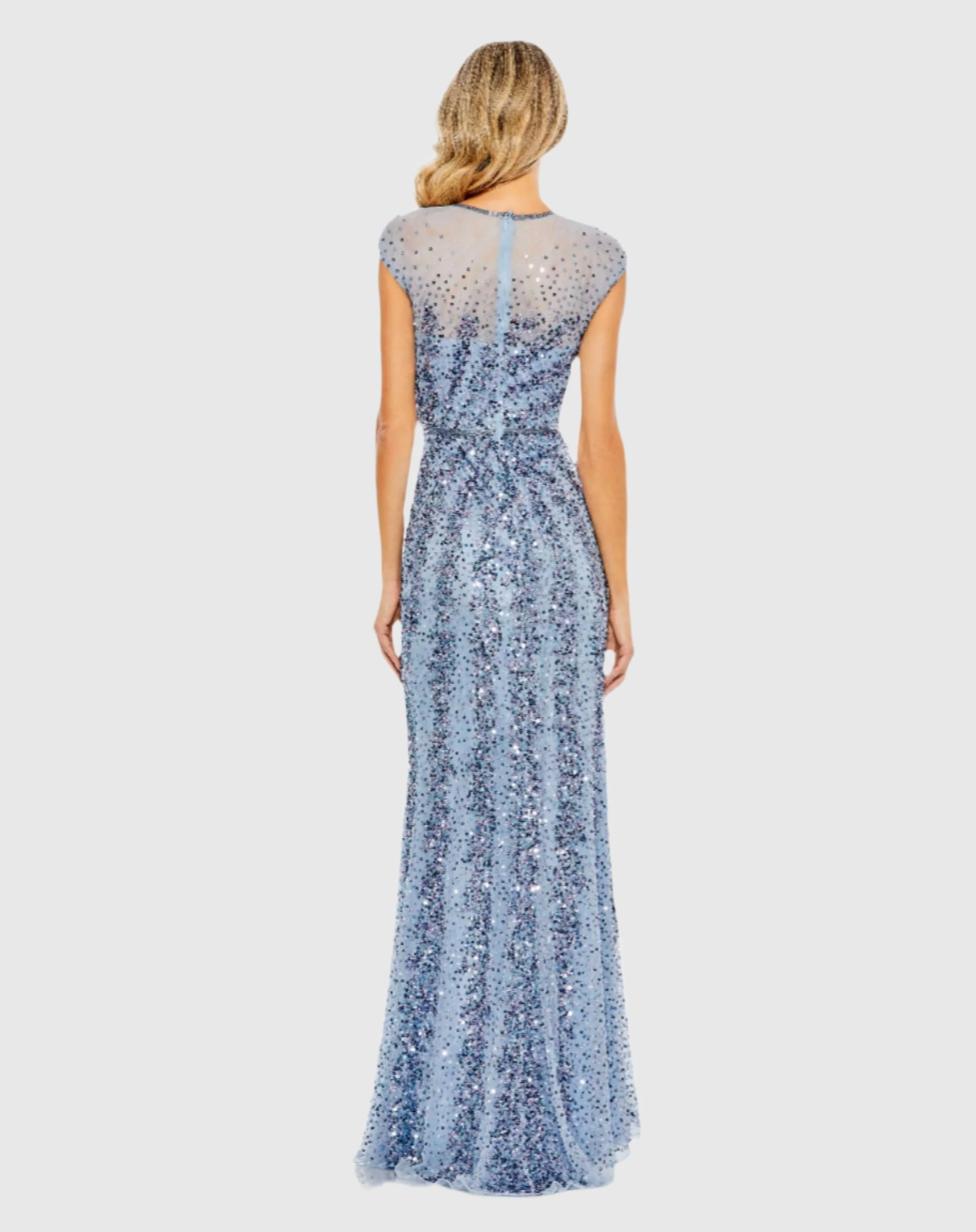 Blue Embellished Illusion High Neck Cap Sleeve Gown